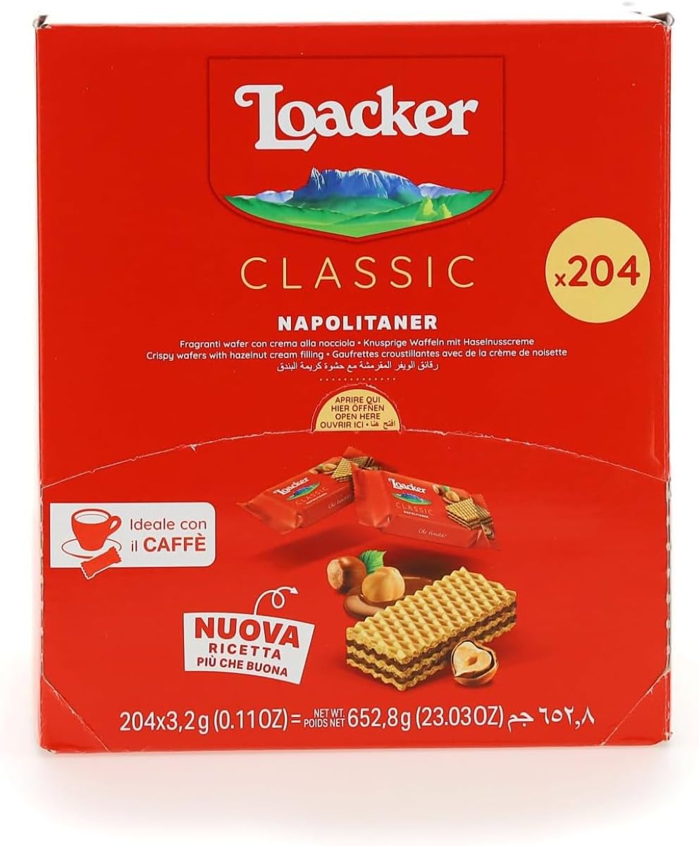 Loacker, Classic Napolitaner, Wafer Fragranti Farciti con 2 Strati di Crema di Nocciole 100% Italiane, Snack Monoporzione Ideali per Bar e Caffetterie, Confezione Convenienza da 204 Pezzi