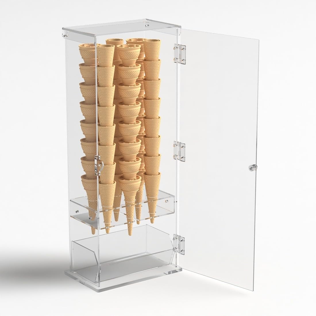 Porta coni gelato in plexiglass trasparente a 6 fori con vaschetta porta cucchiaini e con sportello - Misure: 22 x 13 x H61 cm