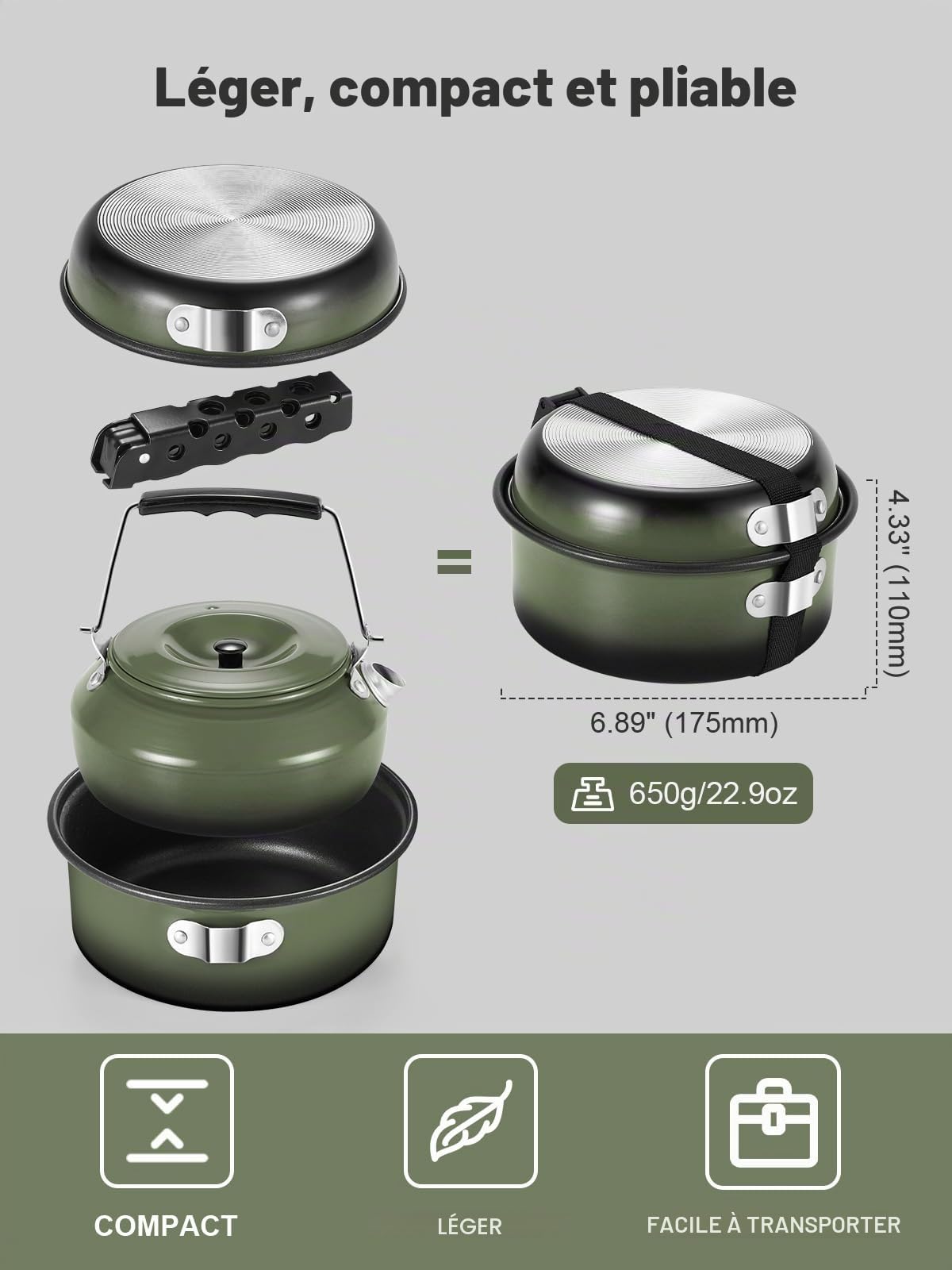 Odoland Lot de 5 ustensiles de cuisine antiadhésifs légers avec poignée amovible – Parfait pour la randonnée, le camping, la randonnée et le pique-nique