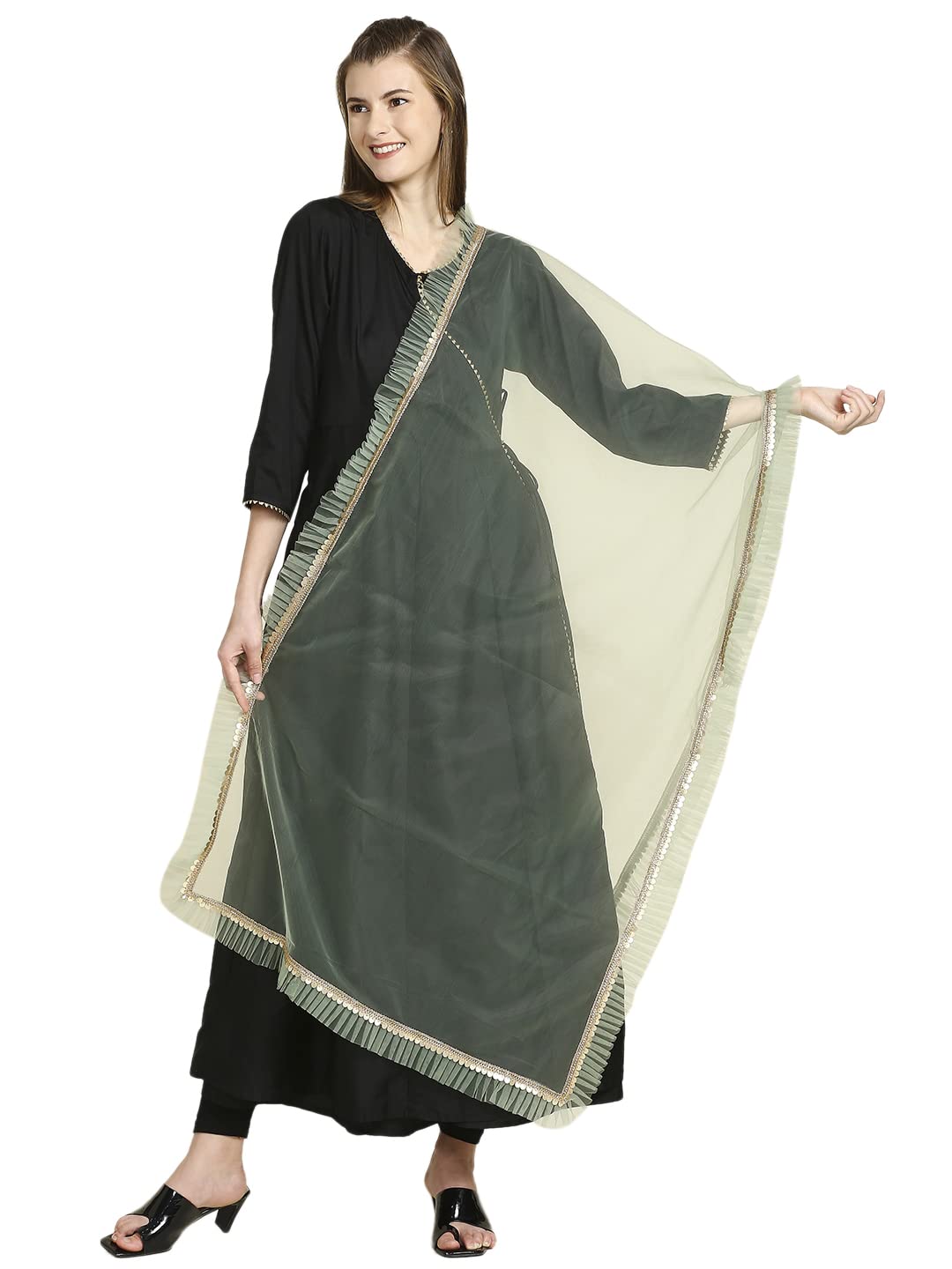 Women's Pastel Green Net Dupatta with ruffle and Gold Lace-image-33