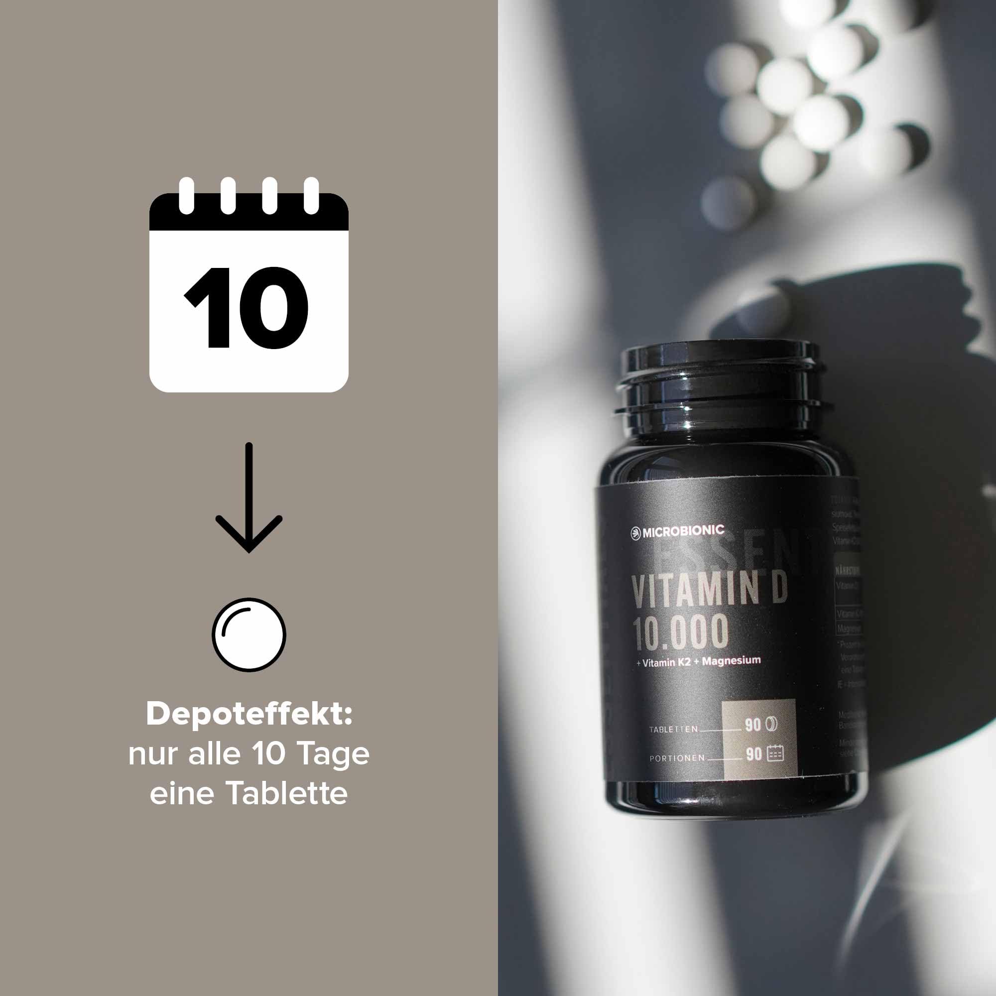 Vitamin D3 10.000 I.E. + K2 + Magnesium 3er Set by MICROBIONIC | 90 Tabletten - alle 10 Tage 1 Tablette | D3 hochdosiert & laborgeprüft