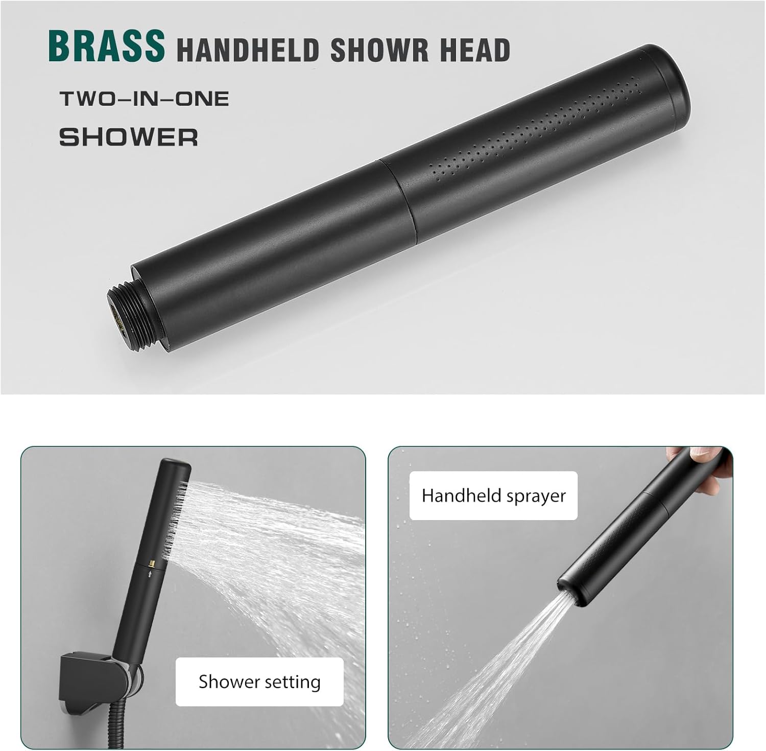 Homipro Matte Black Brass 2 In 1 Function High Flow Handheld Shower Head Set High Pressure 7 Inch Black Finish Shower Head Sprayer Hand Shower Wand with 59 Inch Hose, Bracket