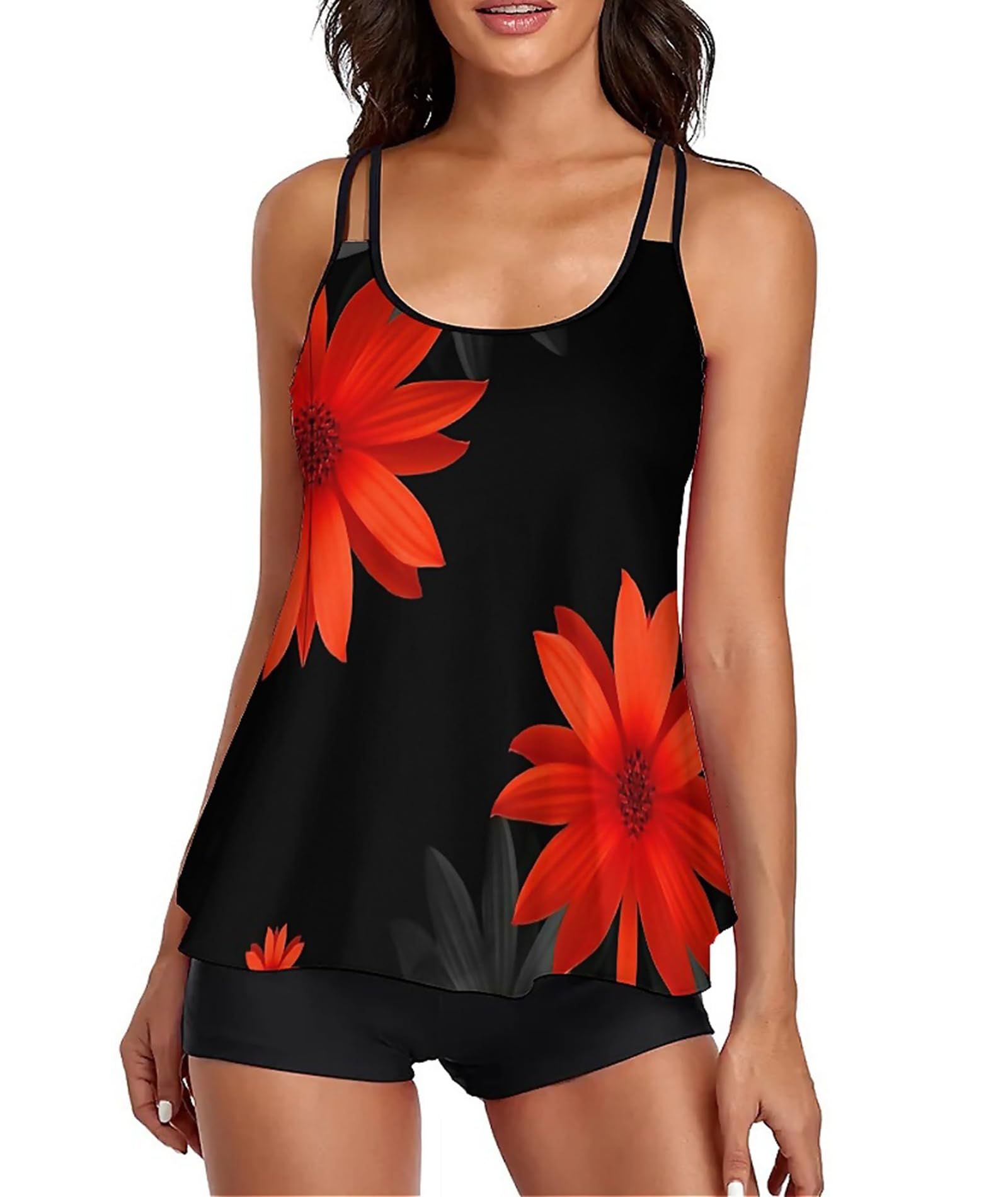 Urchics 2026 Women Two Piece Tankini Swimsuit Tummy Control Plus Size Long Torso Top and High Waisted Boyshorts Bathing Suits