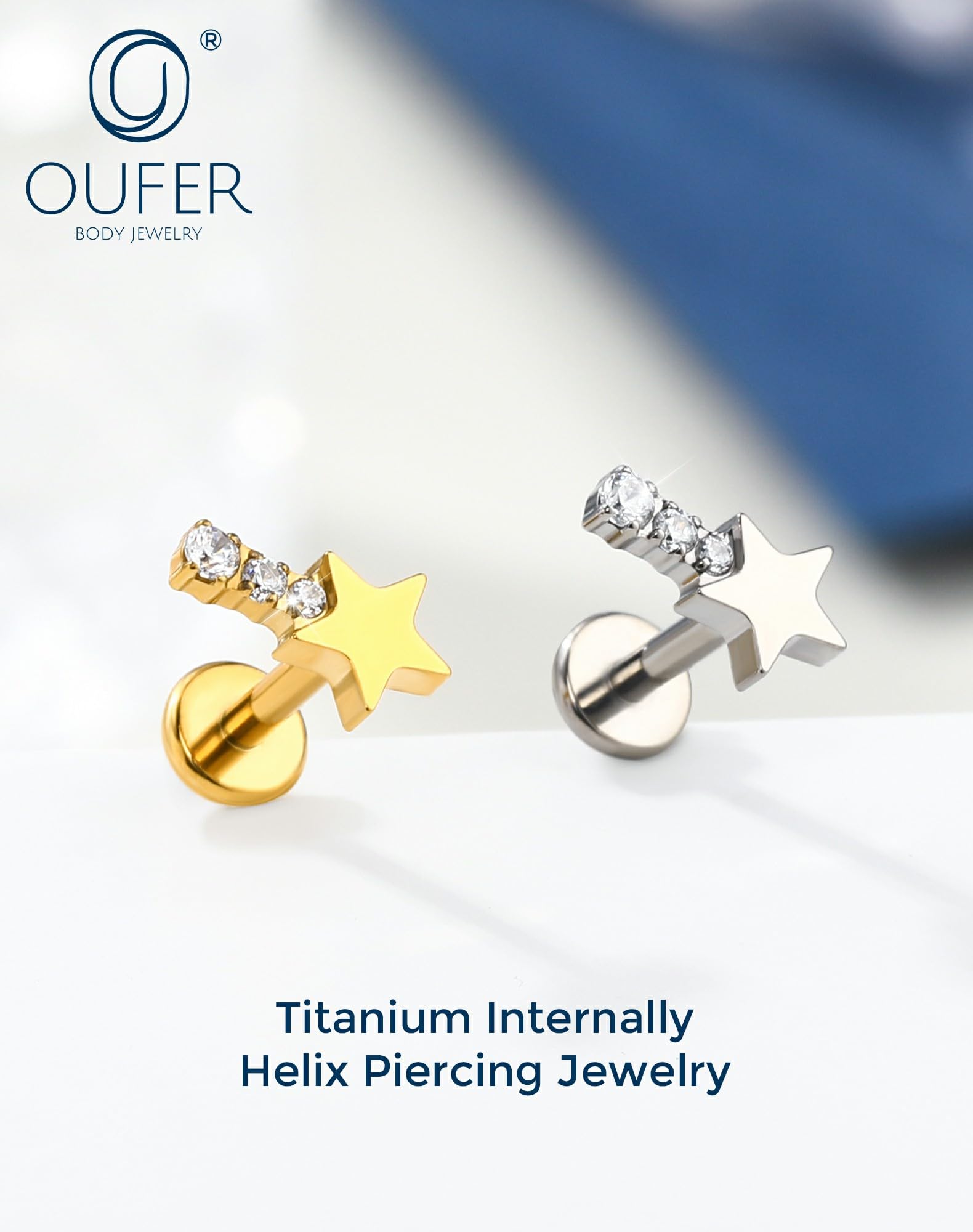 OUFER Body Piercing Helix Earring: 16G Titanium Star CZ Labret Piercing Jewelry Internally Threaded 6mm Bar Gold/Silver Cartilage Tragus Lip Piercings for Women - 2