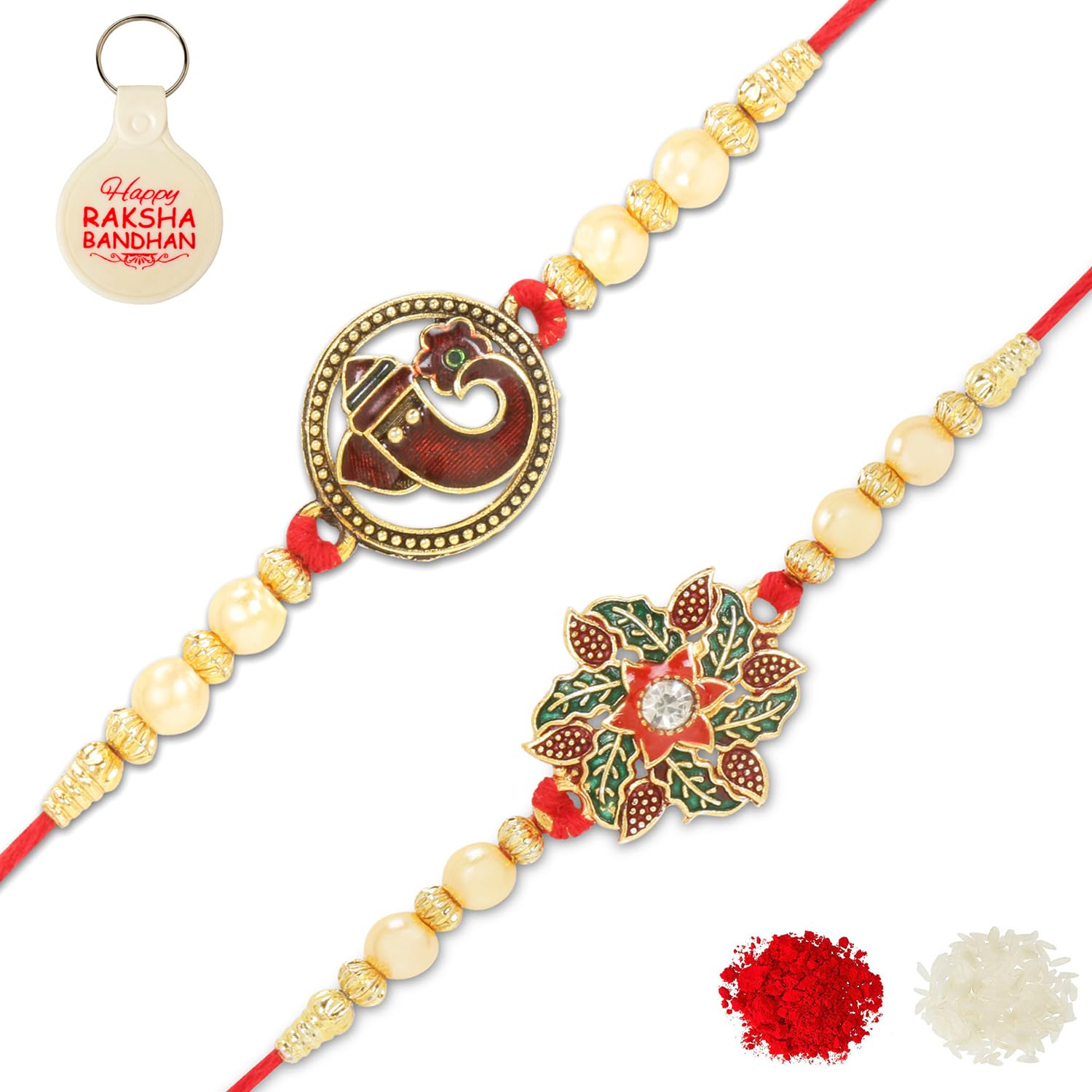 Riddhika Ventures Alluring Gold Plated Mens Floral And Ram Rakhi (Set Of) With Roli Chawal, Greeting Card And One Religious Keychain (E1G1K) (B0C8BJTD7C) Amazon Price History, Amazon Price Tracker