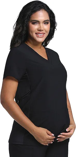 Maternity Scrub Top - V-Neck Shirt, Workwear Pregnancy Scrubs with 2 Pockets, Adjustable Side Panels