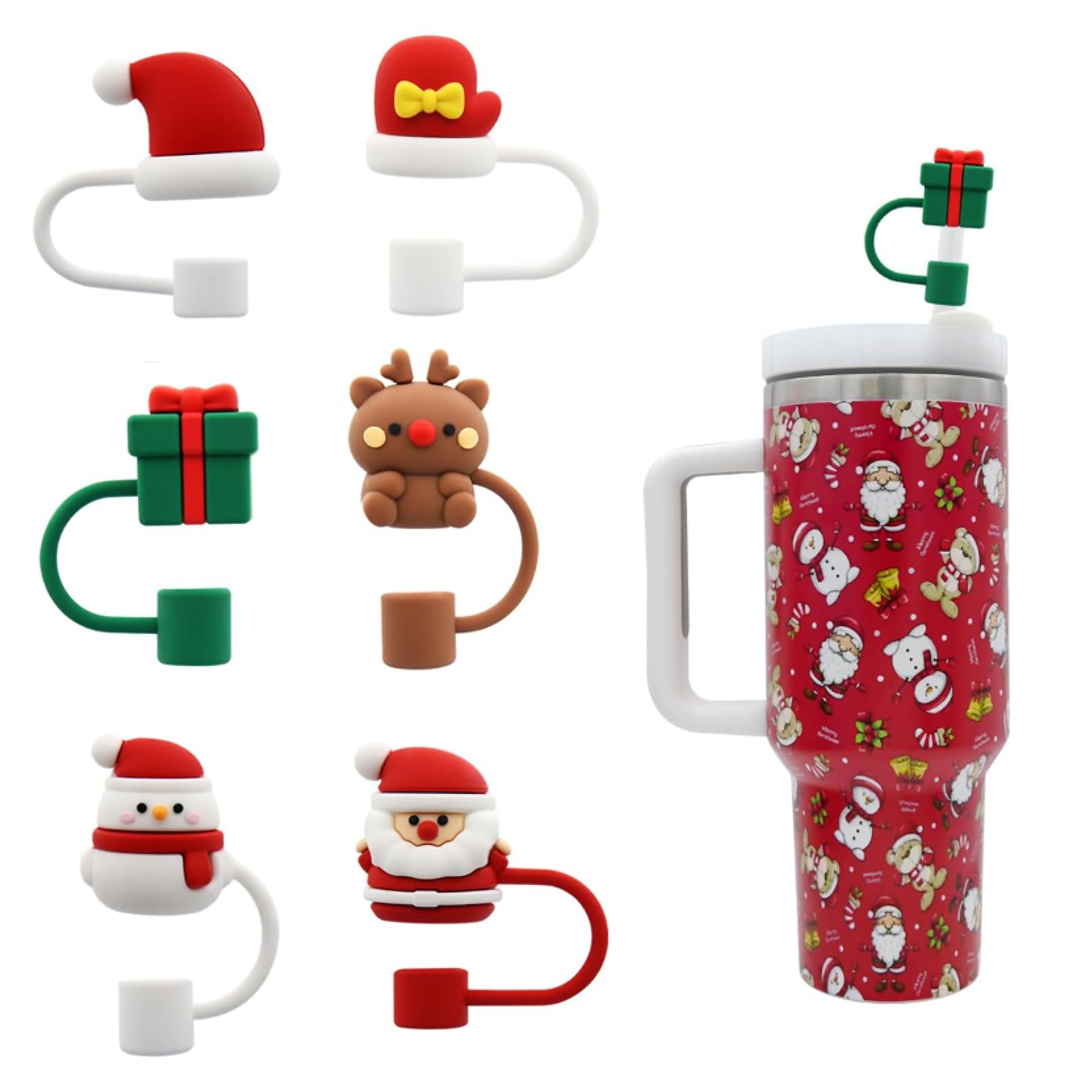 Aiopoaop Straw Cover for Stanley Cup, Christmas Straw Toppers for 30 & 40 Oz Tumbler, 10mm 0.4 inches Reusable Tips Lids, Stanley Cup Accessories, Tip