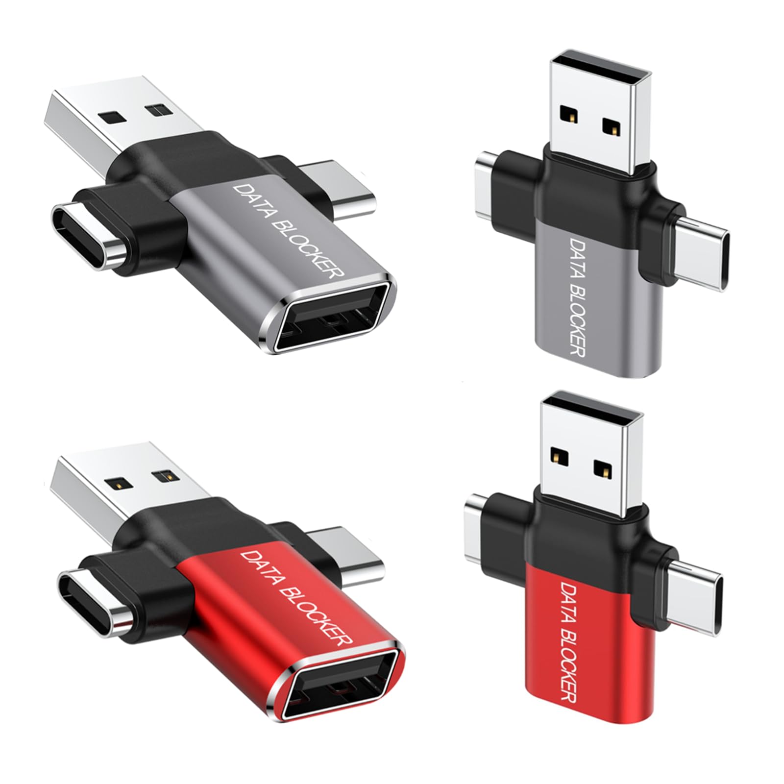 BUISAMG Data Blocker, 4-in-1 Universal USB Data Blocker, Protection from Illegal Downloading, Hacking Proof Guaranteed, for iPhone 17 16 15 and Any USB Device Charging (Grey+Red 4-Pack)