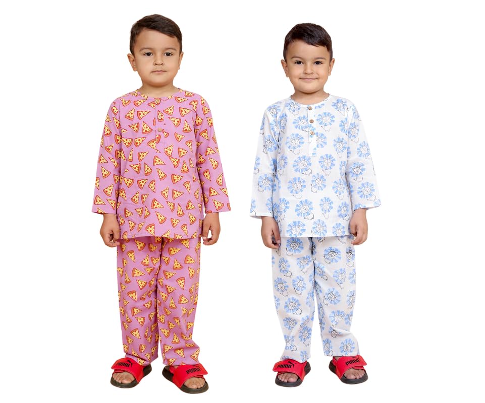 Image of Boys Cotton Night Suit | Jaipur Handblock Print Pajama Set for Kids | Boys Sleepwear | Kids Pajama Set | Baby & Toddler Sleep Suit | Combo Pack of 2