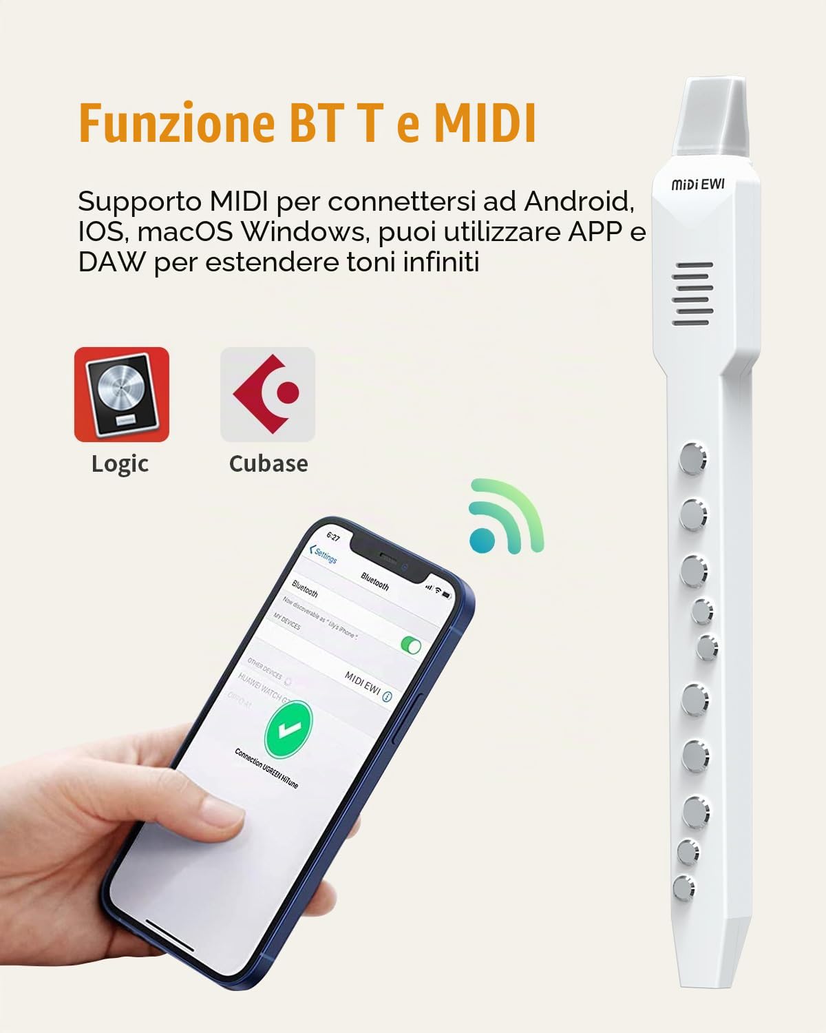 Strumento a fiato digitale, strumento elettrico a fiato bianco, supporta Bluetooth MIDI, strumento a fiato elettronico con ugello rimovibile e cavo di alimentazione, 10 suoni integrati per