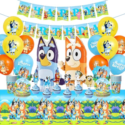 Blue Anniversaire Vaisselle,Blue Decoration Anniversaire Kit, Vaisselle de Fête Blue Comprend, Bannières, Assiettes, Gobelets en Papier, Serviettes, Nappes