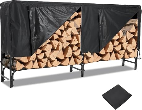 8FT Heavy Duty Log Rack with Cover - 400LB Capacity Indoor/Outdoor Firewood Storage Organizer, Durable Steel Stacker with Ventilated Design, Tool-Free Assembly, Black