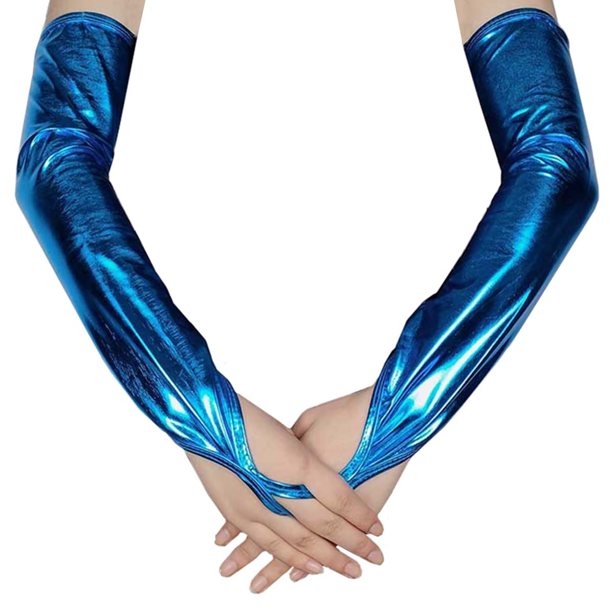 Hybursky Women's Blue Metallic Fingerless Long Gloves, Patent Leather Shiny Elbow Length Opera Gloves For Evening Party Masquerade Rave Stage Performance Cosplay Costume Night Club Dancewear (Blue)