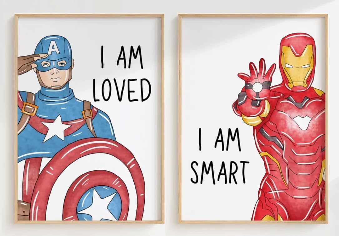 Superheroes Art Print Set Of 6, ‘I AM’ Affirmations, Boys Bedroom Décor, Motivational Boys Kids Wall Art, Iron Man, Hulk, Spiderman, Thor, Black Panther and Captain America, Superheroes (8x10)