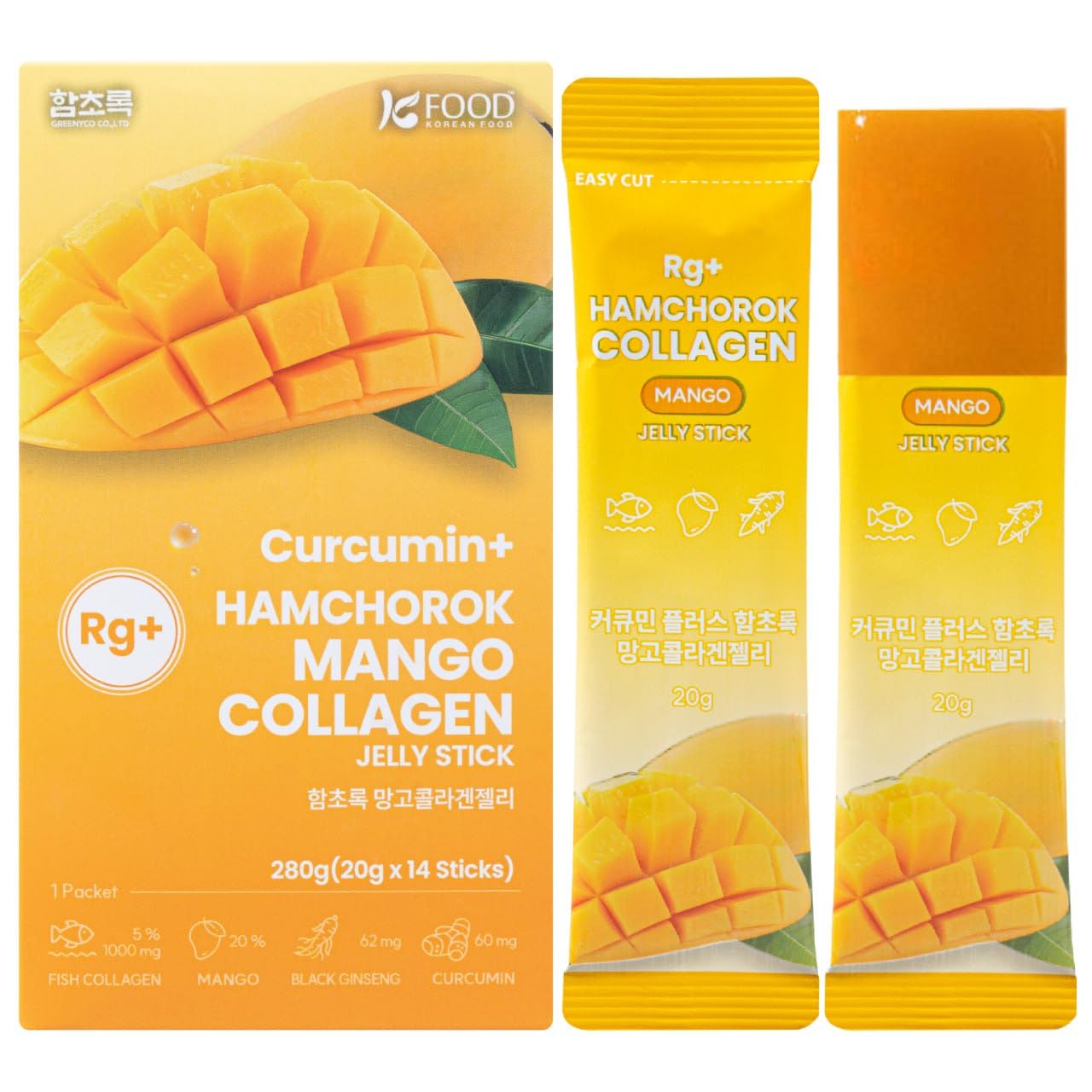 Rg+ Anti-Aging Korean-Beauty Mango Collagen Jelly / + Ginseng Concentrate for Immune Support, Skin, Hair, Nail & Joint (14) Mango 14 Count (Pack of 1)