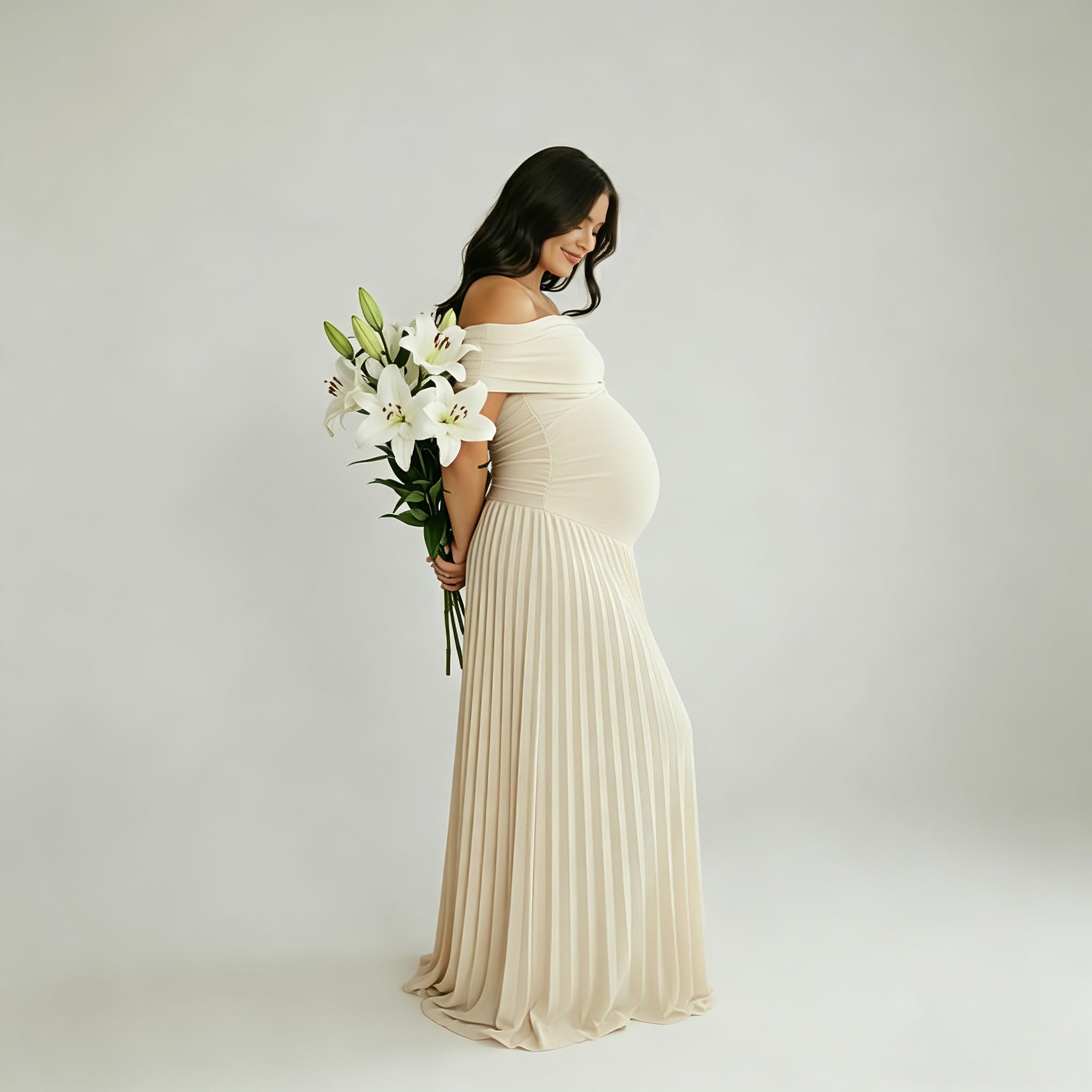 Cichic Robe de maternité à épaules dénudées, robe plissée fluide pour séance photo, fête prénatale, invitée de mariage, nude/beige