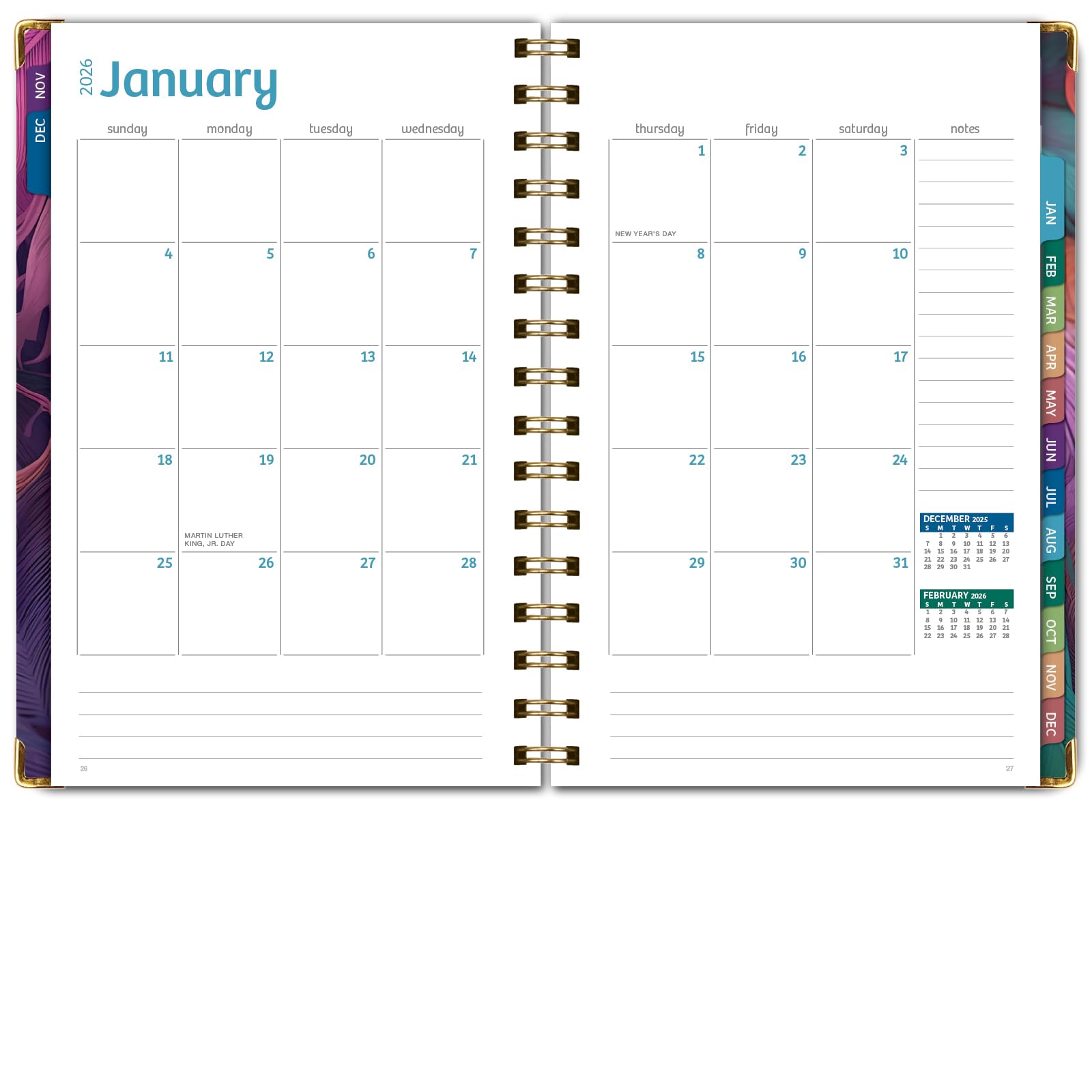 Hardcover, agenda 2026, 14 x 20,3 cm, 14 mesi (novembre 2025 - dicembre 2026), agenda giornaliera settimanale, mensile, agenda annuale, segnalibro, cartella tascabile e set di note adesive (pavone