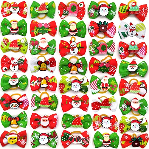 Coppthinktu 40 Pcs Christmas Dog Bows Dogs Hair Bows Xmas Snowman Snowflake Dog Bows with Rubber Band Christmas Dog Random Styles Bows Pet Hair Accessories for Small Dog/Cat Puppy Christmas Decor