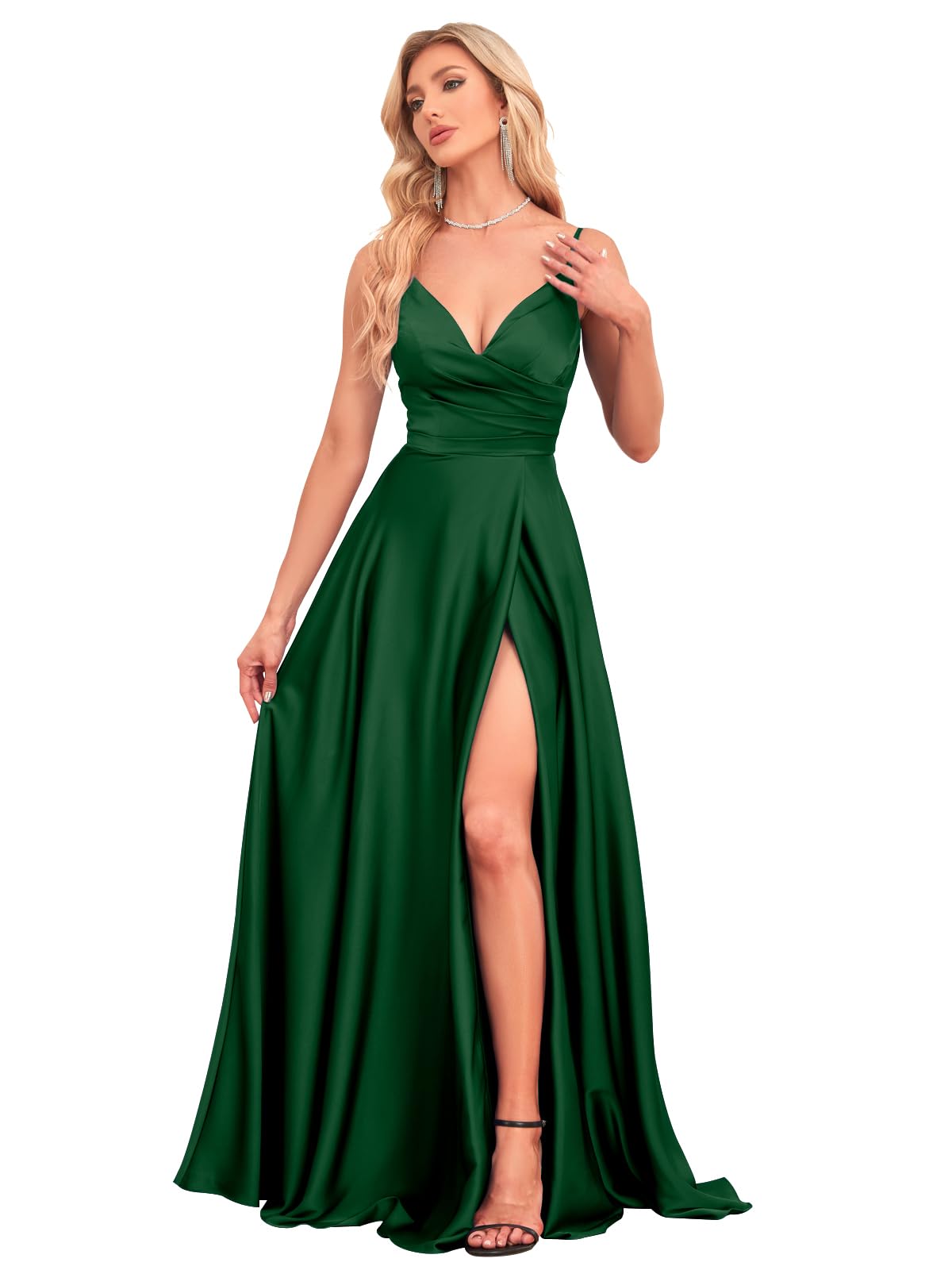 V Neck Satin Prom Dresses with Slit Long A line Formal Bridesmaid Dresses for Women BDL004