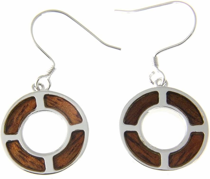Koa Wood Hawaiian Scroll Circle Round Rhodium Plated Brass Hook Earrings