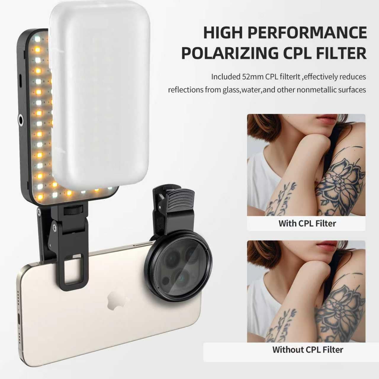 LED Selfie & Tattoo Light with 52MM CPL Filter Lens 360° Rotatable Clip Tattoo Equipment/Tripod Stand/Phone Holder,Fill Lighting Remove Reflection for Art Food Jewelry Photography Video Recording