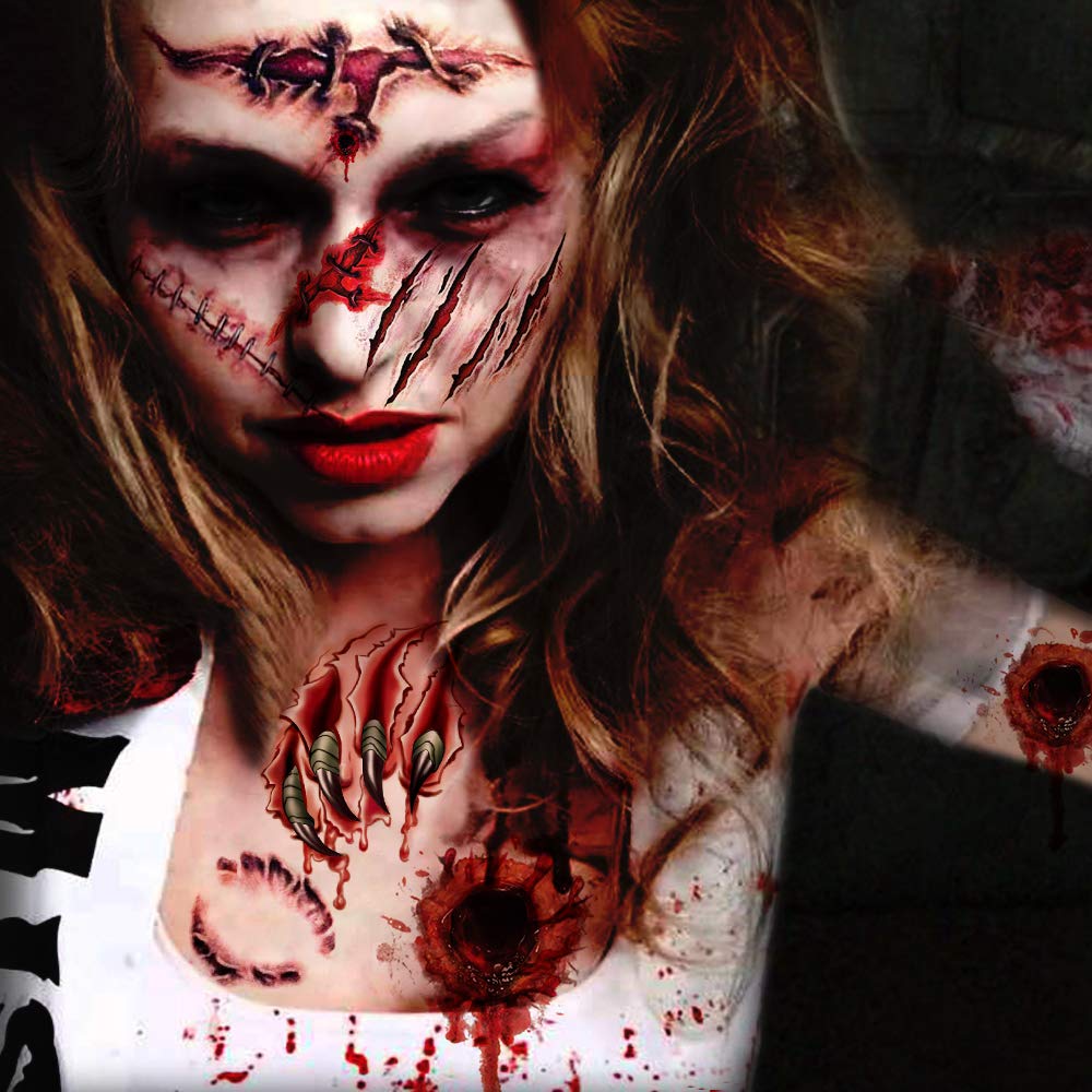 COKTAK 4 fogli spaventosi tatuaggi per il viso di Halloween per donne