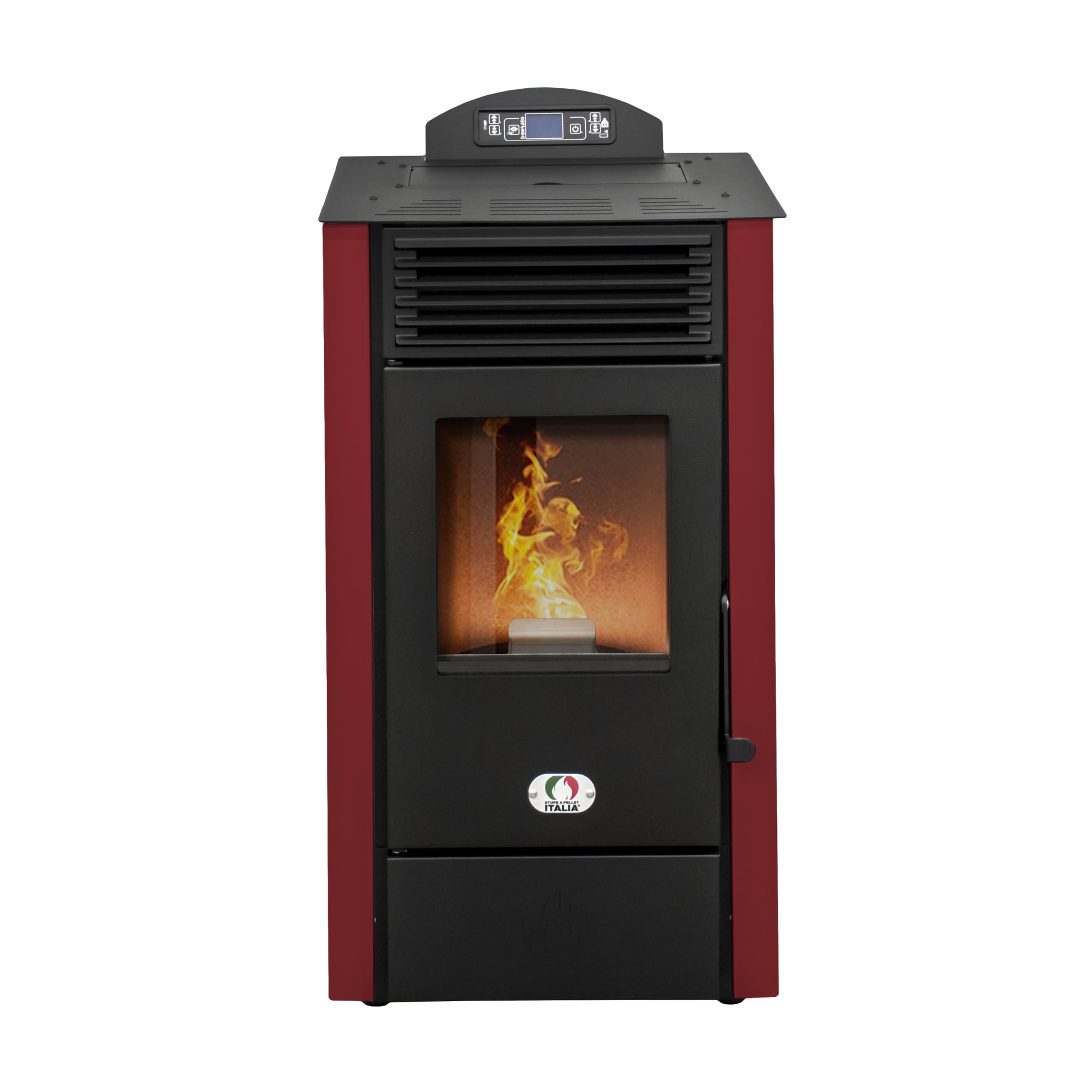 STUFE A PELLET ITALIA SRL - California 8 kW piec na pellet, wentylowany, ogrzewanie do 60 m2, 5 poziomów mocy, 5 prędkości wentylacji, programowalny, czerwony