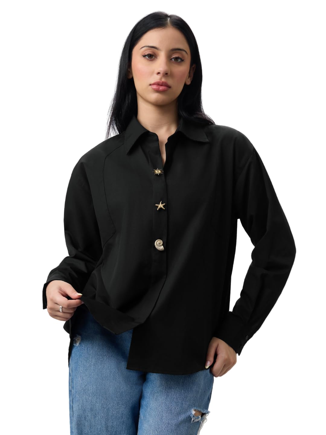 the souled store Oversized Solids: Phantom Black Women and Girls Full Sleeves Spread Collar Black Solid Polyester Cotton Oversized Fit Lightweight All-Season Shirt for Casual Streetwear-picture-35