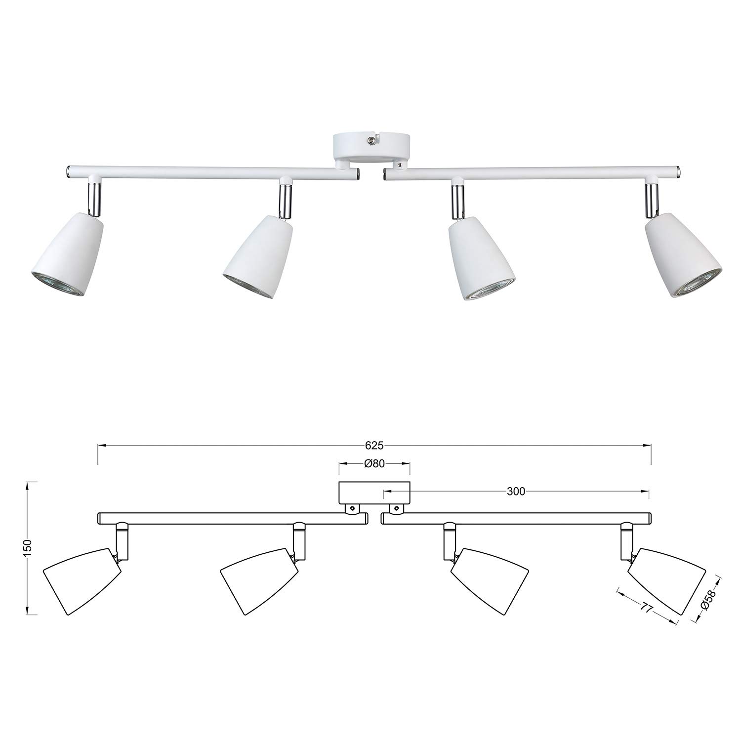 IMPTS Lámpara LED de techo orientable, color blanco, GU10, 250 lm, 230 V, IP20, luz blanca cálida, 4 focos | Lámpara LED de techo blanca con casquillo GU10, 250 lm, 230 V, IP20, luz blanca cálida
