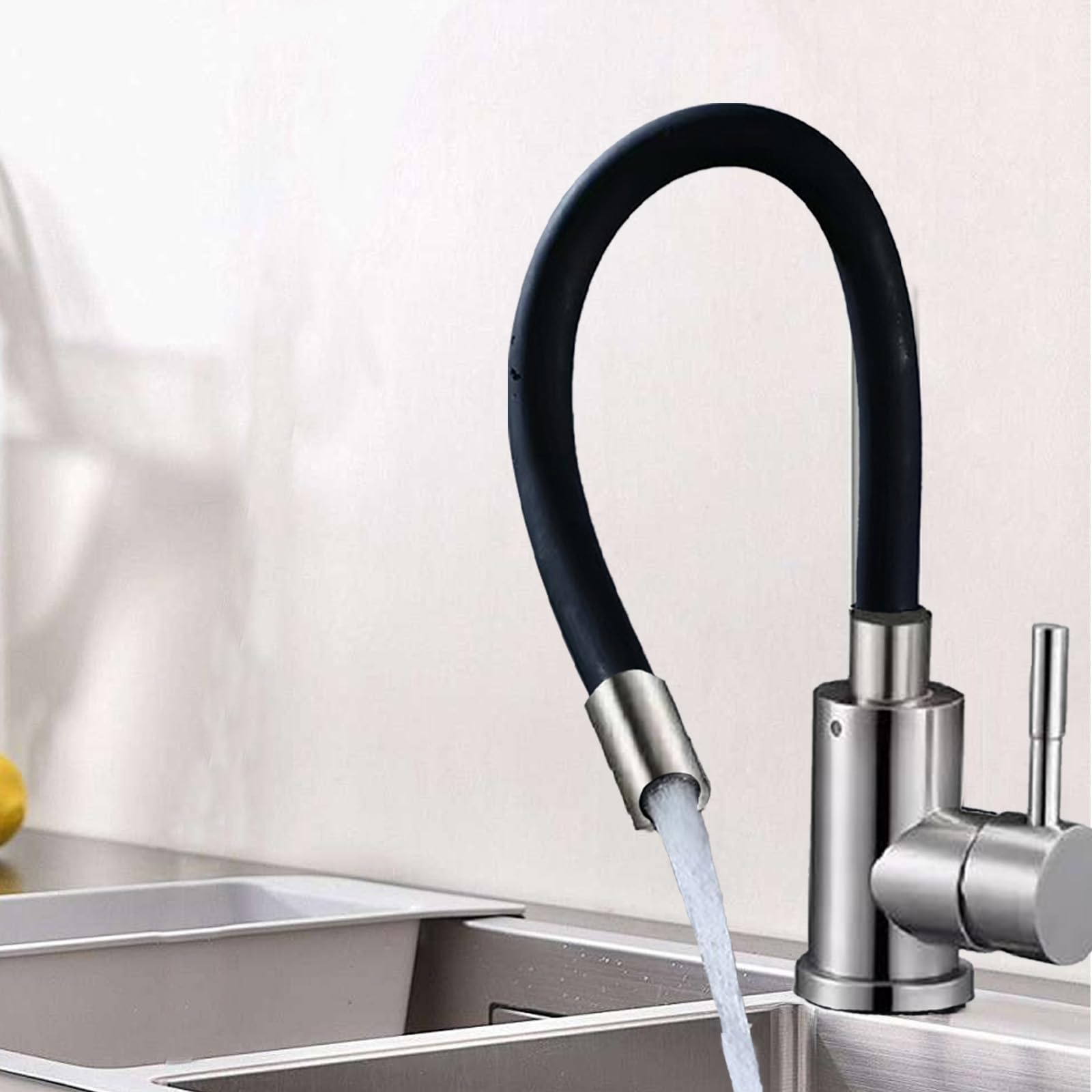 Grifo flexible para cocina, color negro, grifo de cocina de 360°, con caño flexible, de alta presión, grifo de cocina flexible, de acero inoxidable (cepillado)