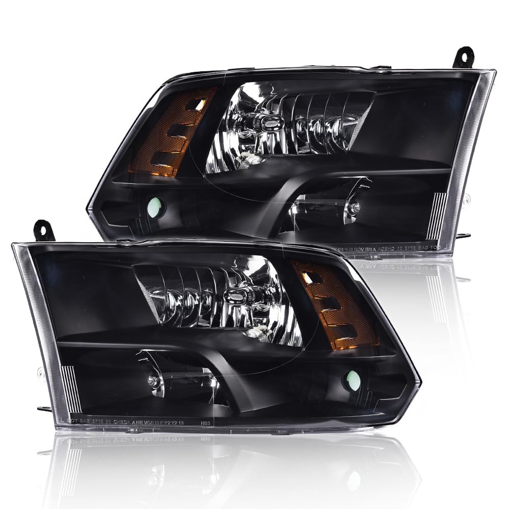GRAND ORANGE Headlights Assembly Compatible with 2009-2012 Dodge Ram 1500 2500 3500 Clear lens Black Housing Amber Reflector CH2519135 CH2518135 CH2503217