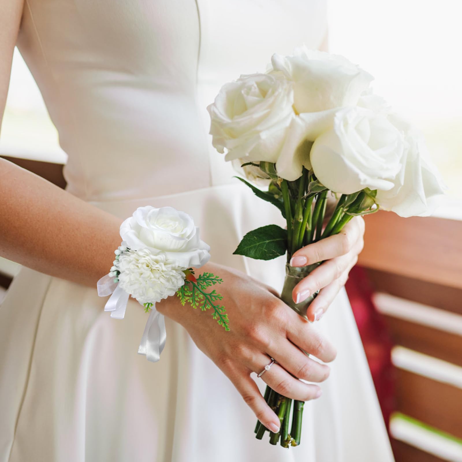 Bouquet Da Polso Guador 2 Set – Rose Bianche Artificiali Con Bracciale In Perle Per Sposa E Damigelle - 2