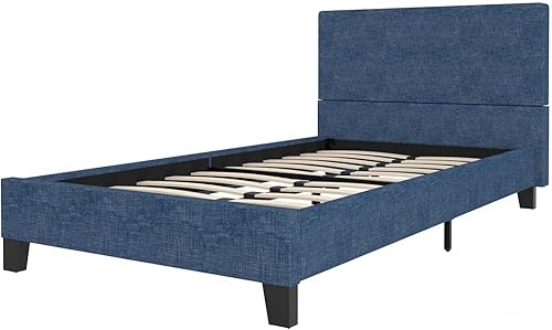 Miniatura 4 de Cama de plataforma tapizada tamaño individual con cabecero copetudo, marco de cama de lino moderno, soporte de listones de madera, no necesita Azul