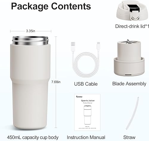 Miniatura 9 de Kawu Licuadora portátil, vaso de licuadora personal inalámbrica interior de acero inoxidable 316, grado alimenticio, batidora deportiva eléctrica de