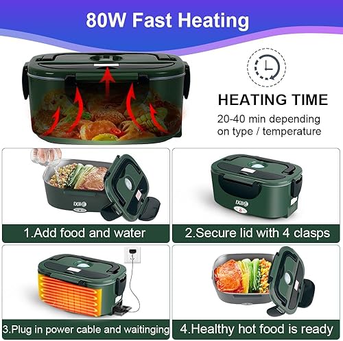 Miniatura 4 de Lonchera eléctrica de 80W, calentador de alimentos para el trabajo, 12V/24V/110V, lonchera portátil para adultos con 2 envases de acero inoxidable,