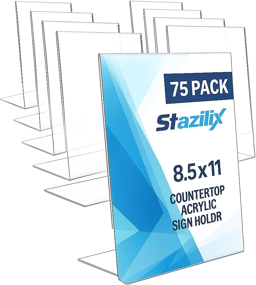 75 Pack Acrylic Sign Holder 8.5x11, Standing L-Shape Vertical Menu Holder Stand, Flyer Display Stand, Table Paper Holder, Plastic Sign Display Stand for Restaurants, Store, Office Pack of 75