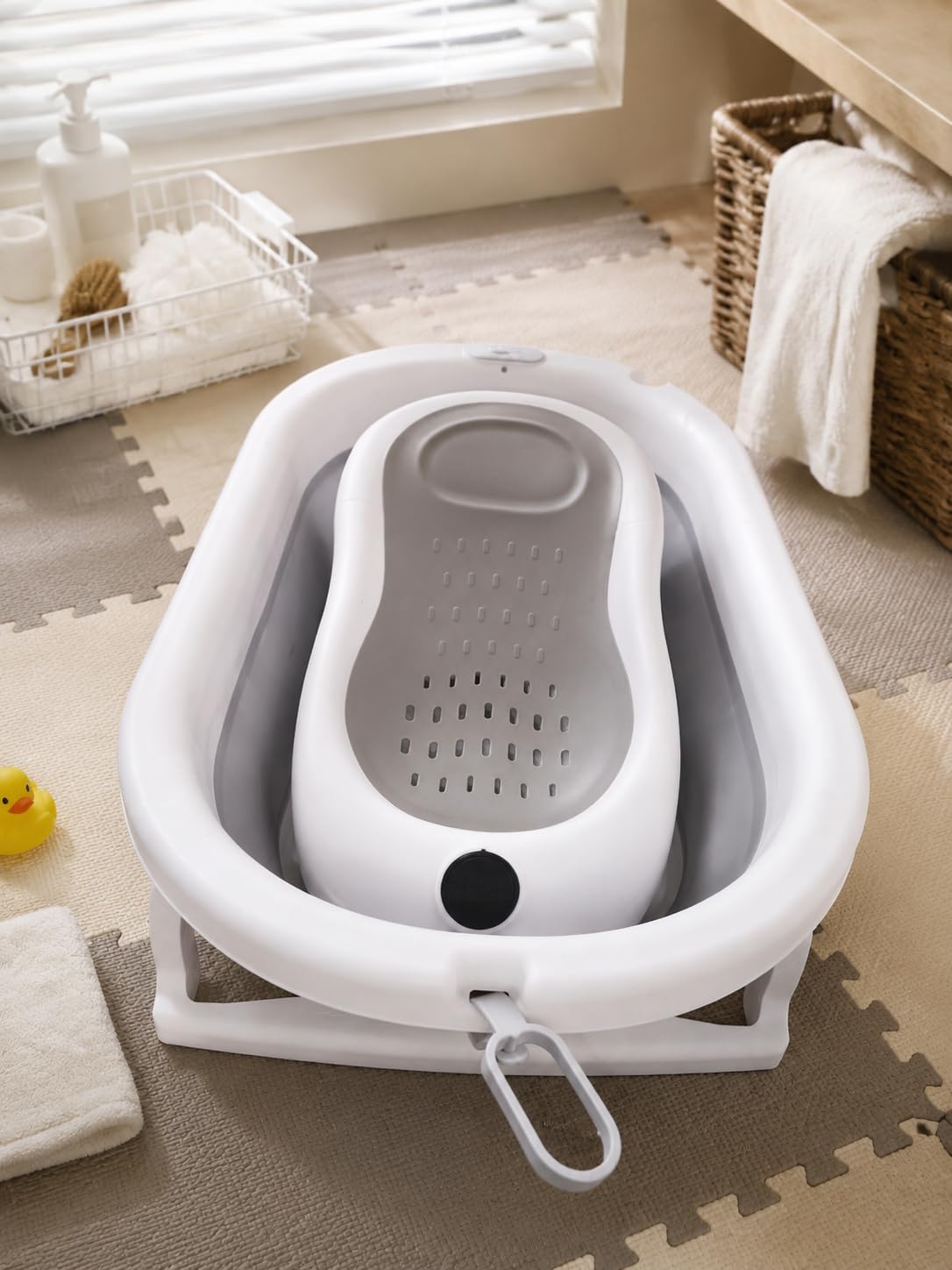 Bañera plegable para bebé con termómetro impermeable integrado, marco reforzado estable sin tambaleo, drenaje rápido, soporte de base aislante, bañera redonda ergonómica para bebé