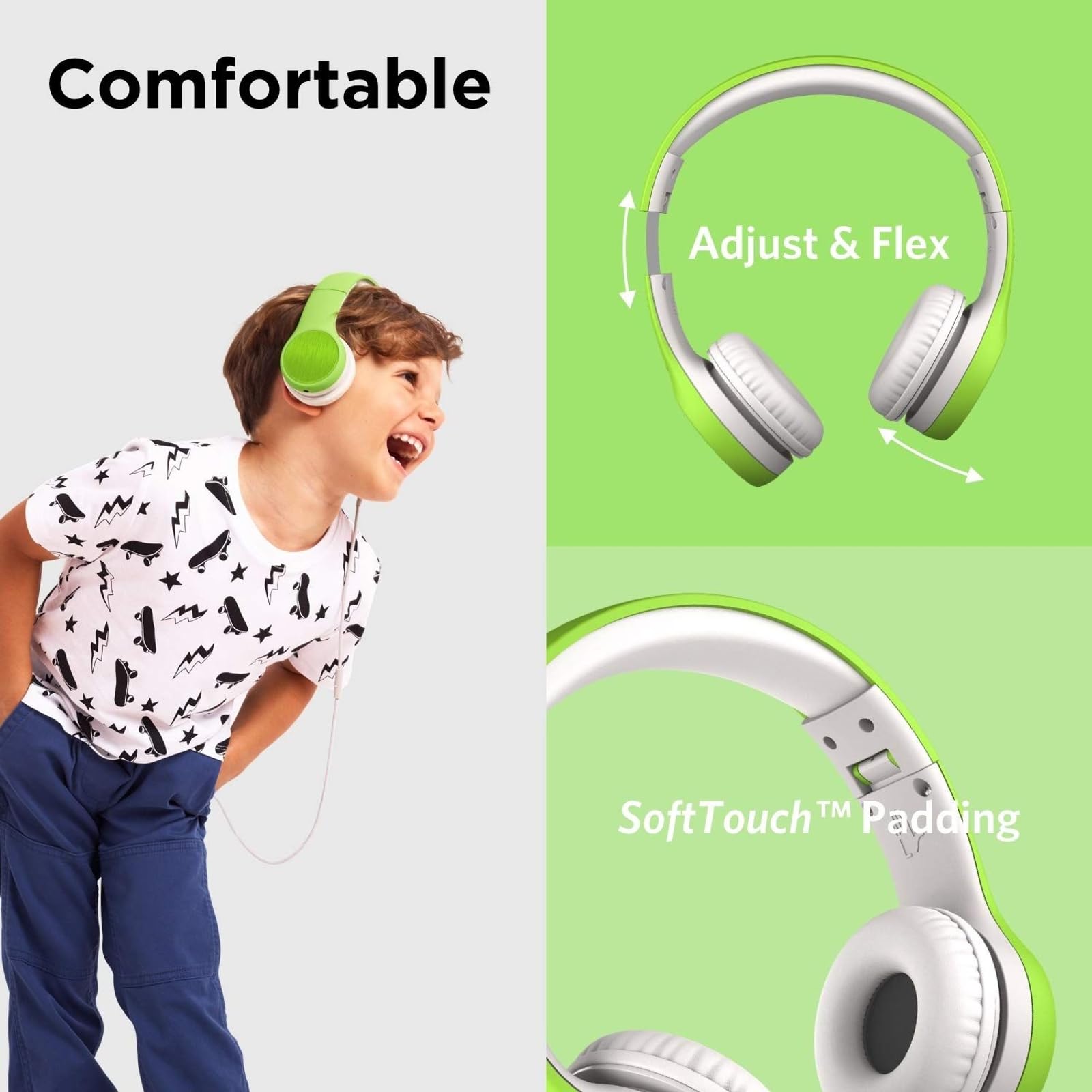 LilGadgets Estilo Connect+ Auriculares con Cable de Volumen Limitado con Puerto compartido y micrófono en línea (para niños, niños pequeños) Verde