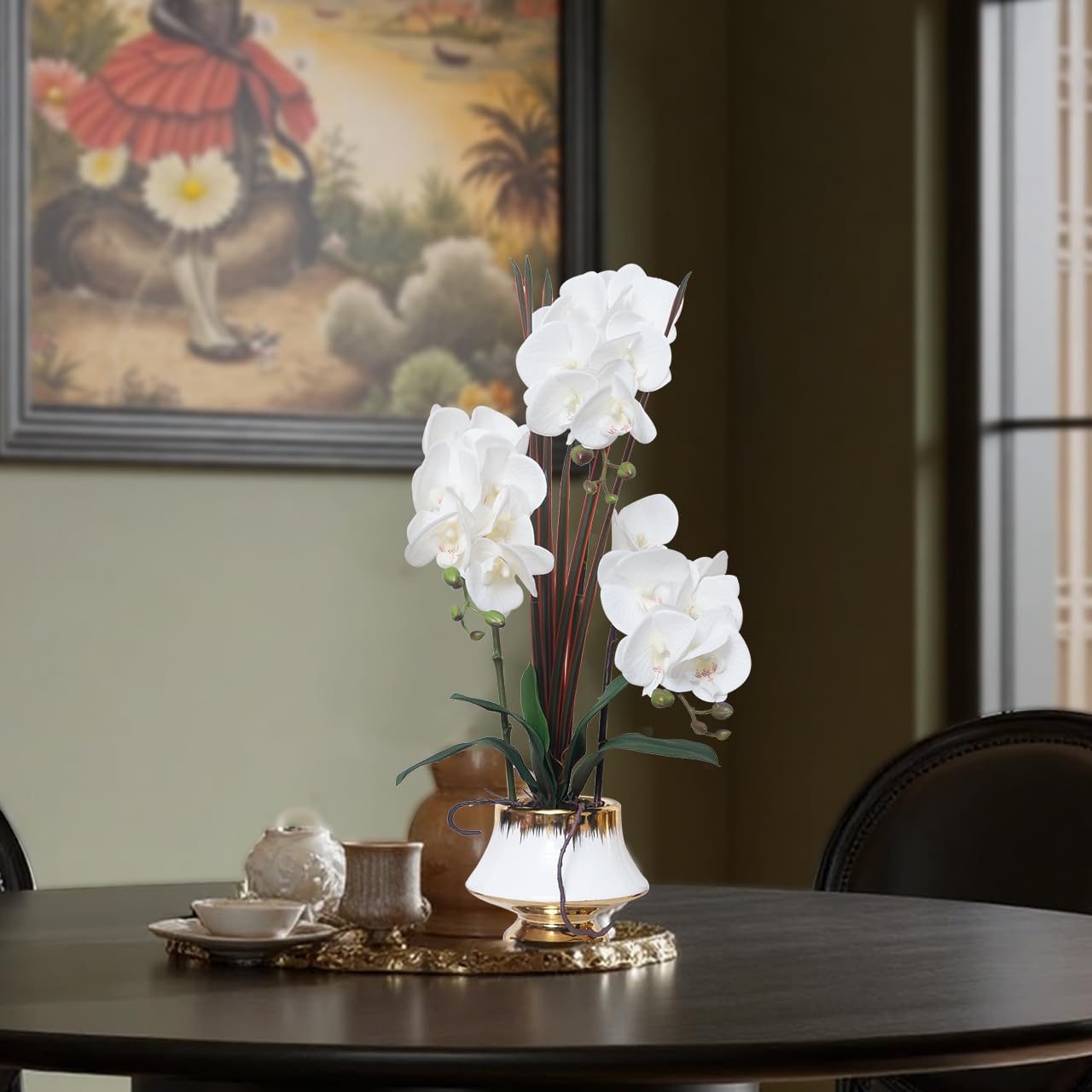 CXGS Orchids Artificial Flowers Real Touch Fake Flower in Ceramic Pot 20" White Faux Orchid Plant Lifelike Silk Phalaenopsis for Centerpiece Hotel Home Indoor Decor - Image 2