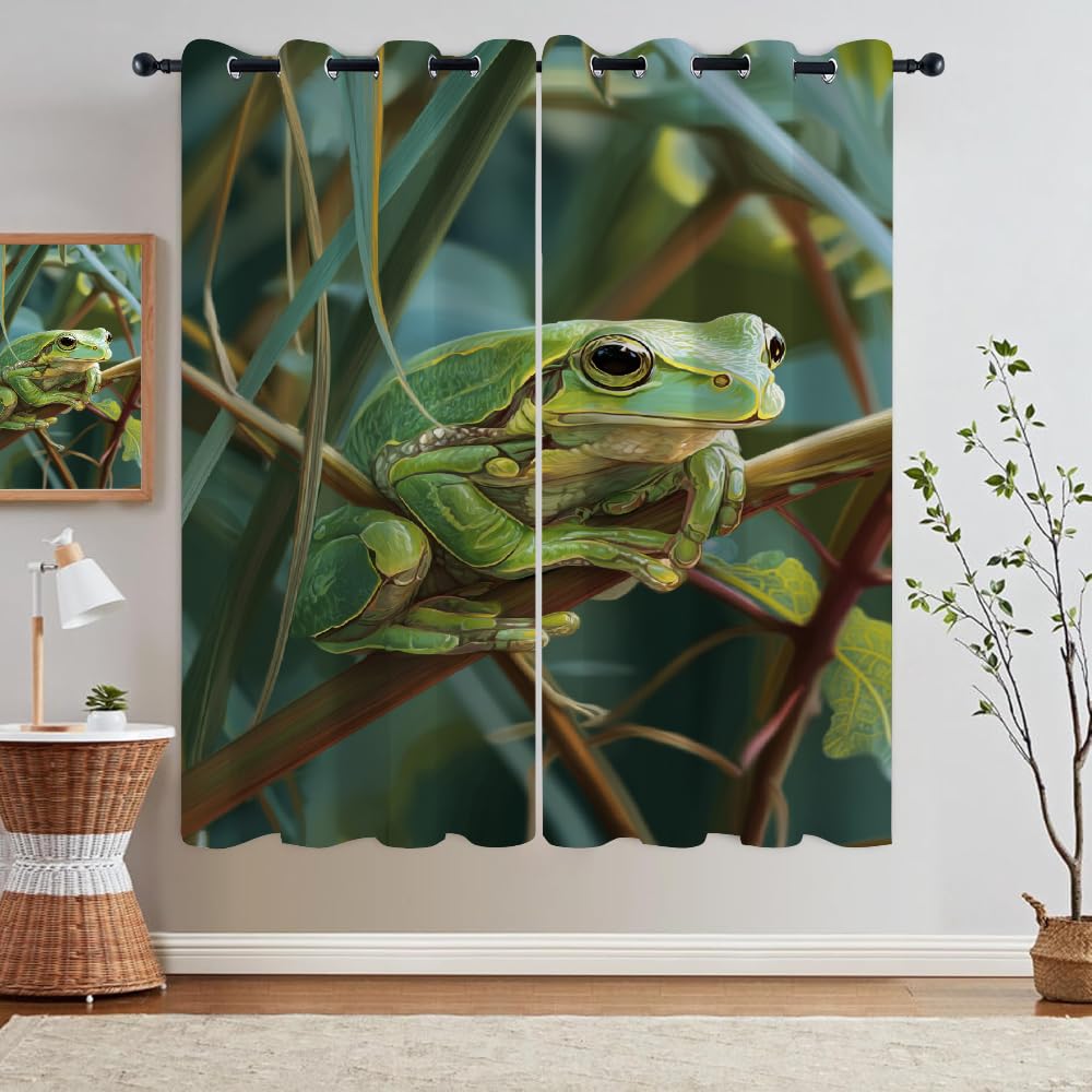 Rana verde Oscurante Finestra Termica Tenda, Illustrazione della natura Tenda Oscuranti, Piante Tende a pannello, Hobby di arredamento per la casa Interni Occhielli Tende L 140 x A 220cm 2 Pezzi