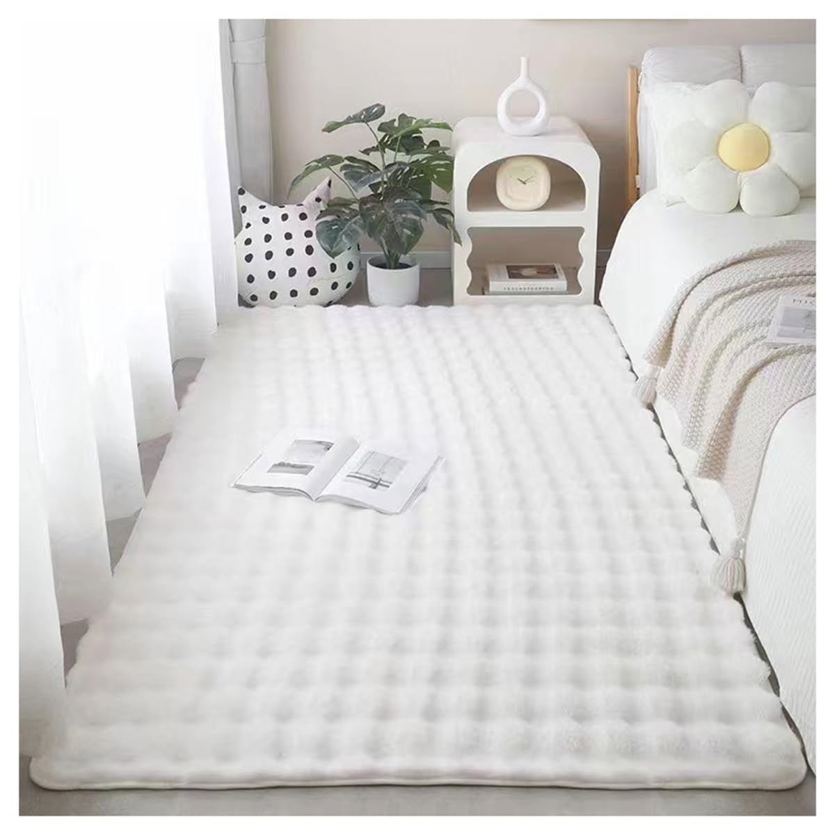 Tapis de chambre beige blanc en fausse fourrure douce