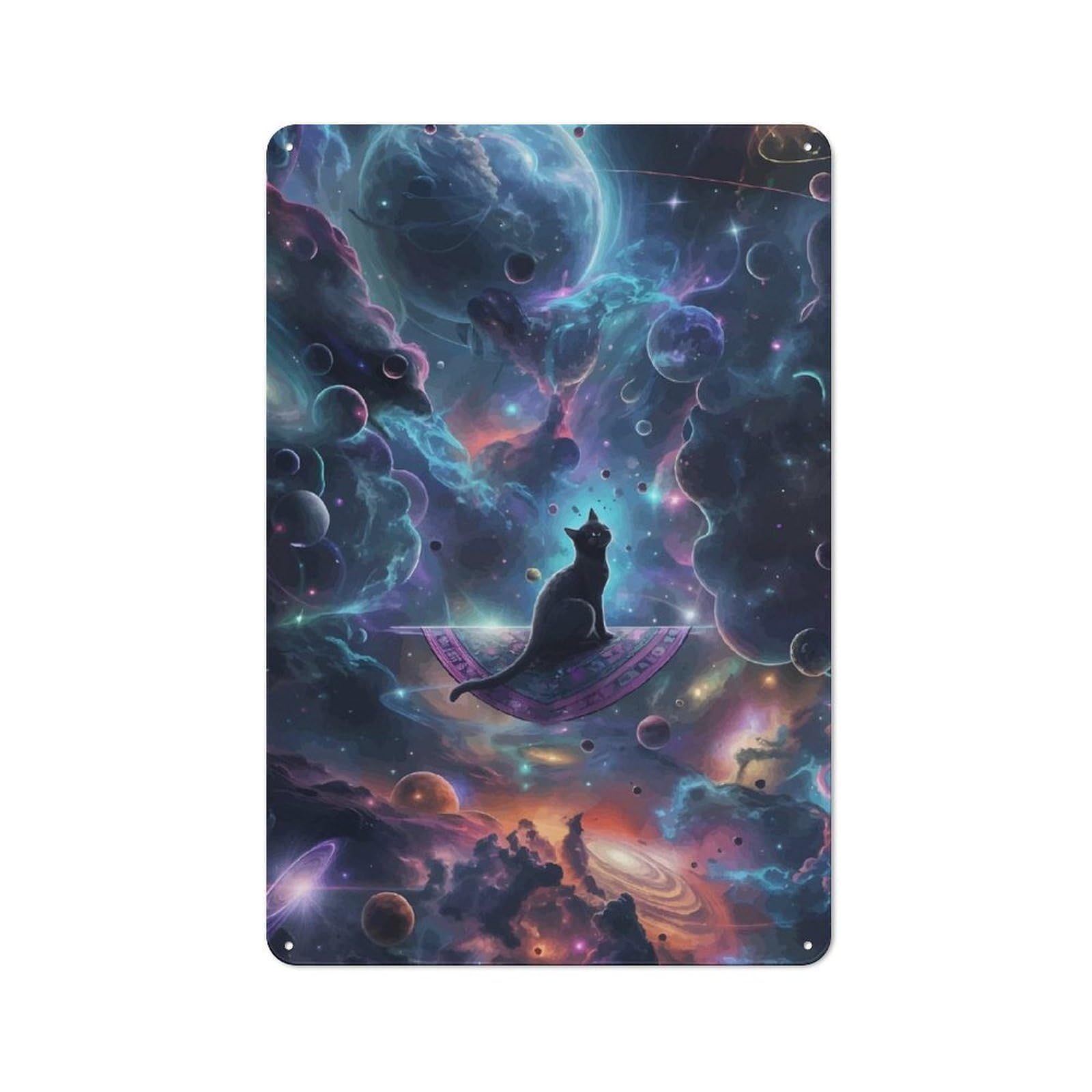 Junmoney Cosmic Cat On Magic Carpet 30X20cm Retro Metal Plaque With For Kitchen Or Home Bar, For Garage, Workshop And Man Cave Decoration
