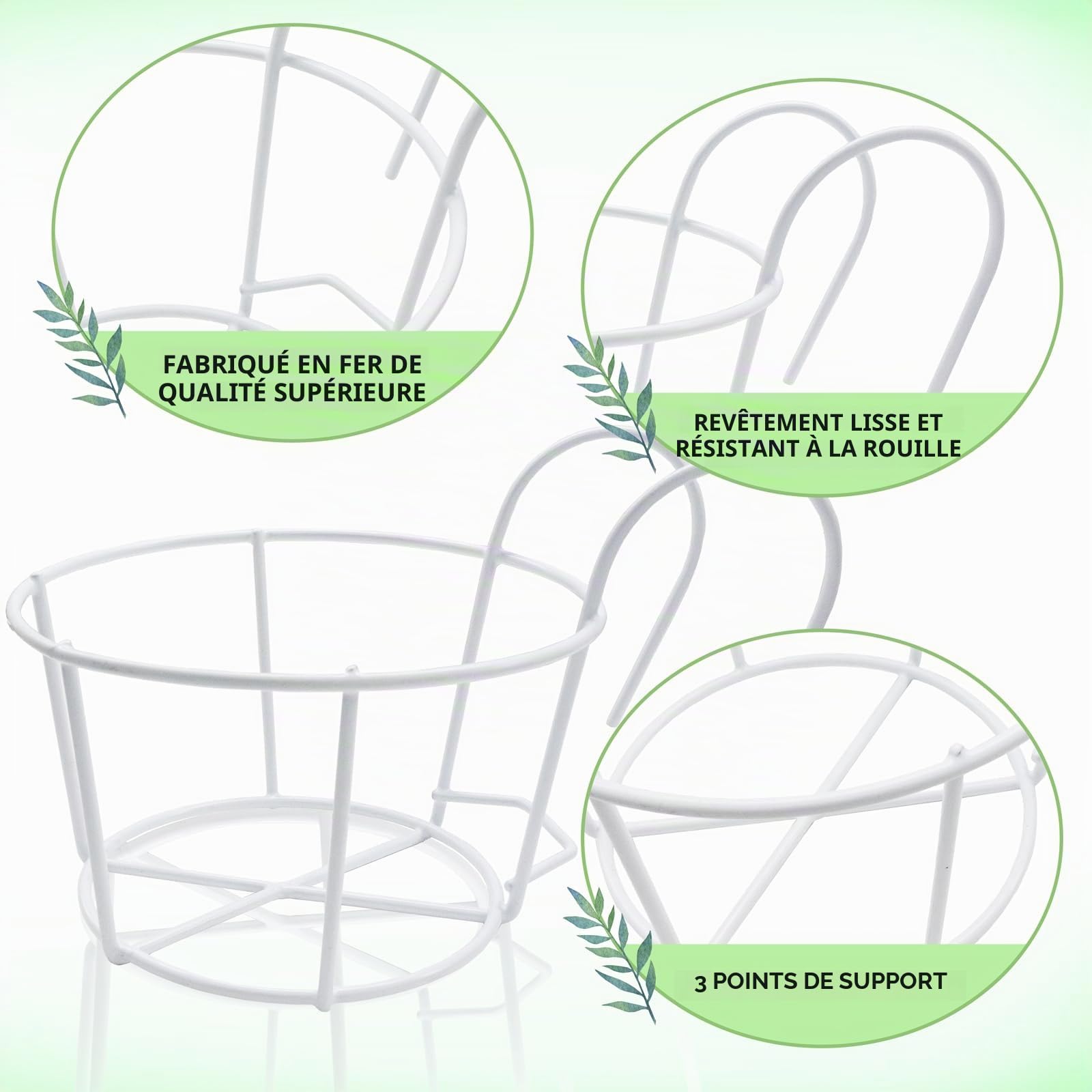 Lot de 3 supports de pot de fleurs ronds à suspendre - En métal - Pour balcon, balcon, jardin, balustrade, clôture - Blanc