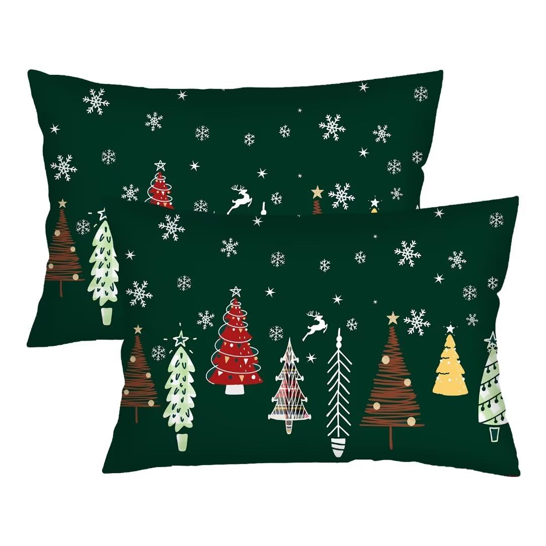 MATEKULI Christmas Throw Pillow Cover Queen Size Set of 2 Christmas Decorations Forest Green Christmas Tree Decorative Standard Pillow Case Lumbar Pillow Cases with Zipper Bed Cushion Covers,20"x30"