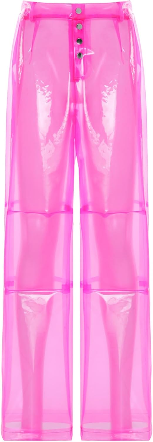 Women Clear PVC Pants Plastic Transparent Button Trousers Cover Up Bottoms Party Shows Club Bar Wear