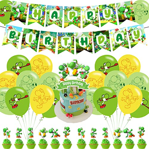 Image of Yoshi Party Decorations,Yoshi Birthday Party Supplies Includes Banner - Cake Topper - 24 Cupcake Toppers - 18 Balloons