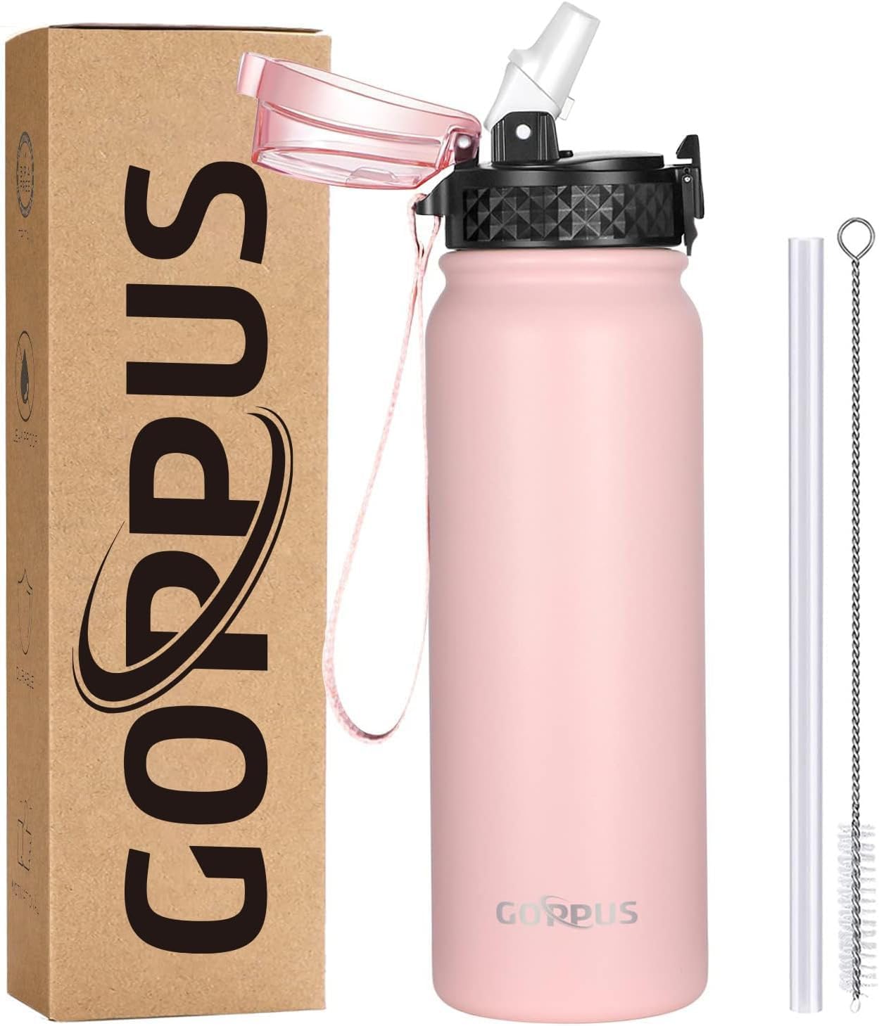 GOPPUS 600ml/20oz Stainless Water Bottle with Straw Double Wall Insulated Bottles with Strap One Hand Open Vacuum Thermal Flask Leakproof Keep Cold Drinks Bottles with Flip Top Lid BPA Free for Adults
