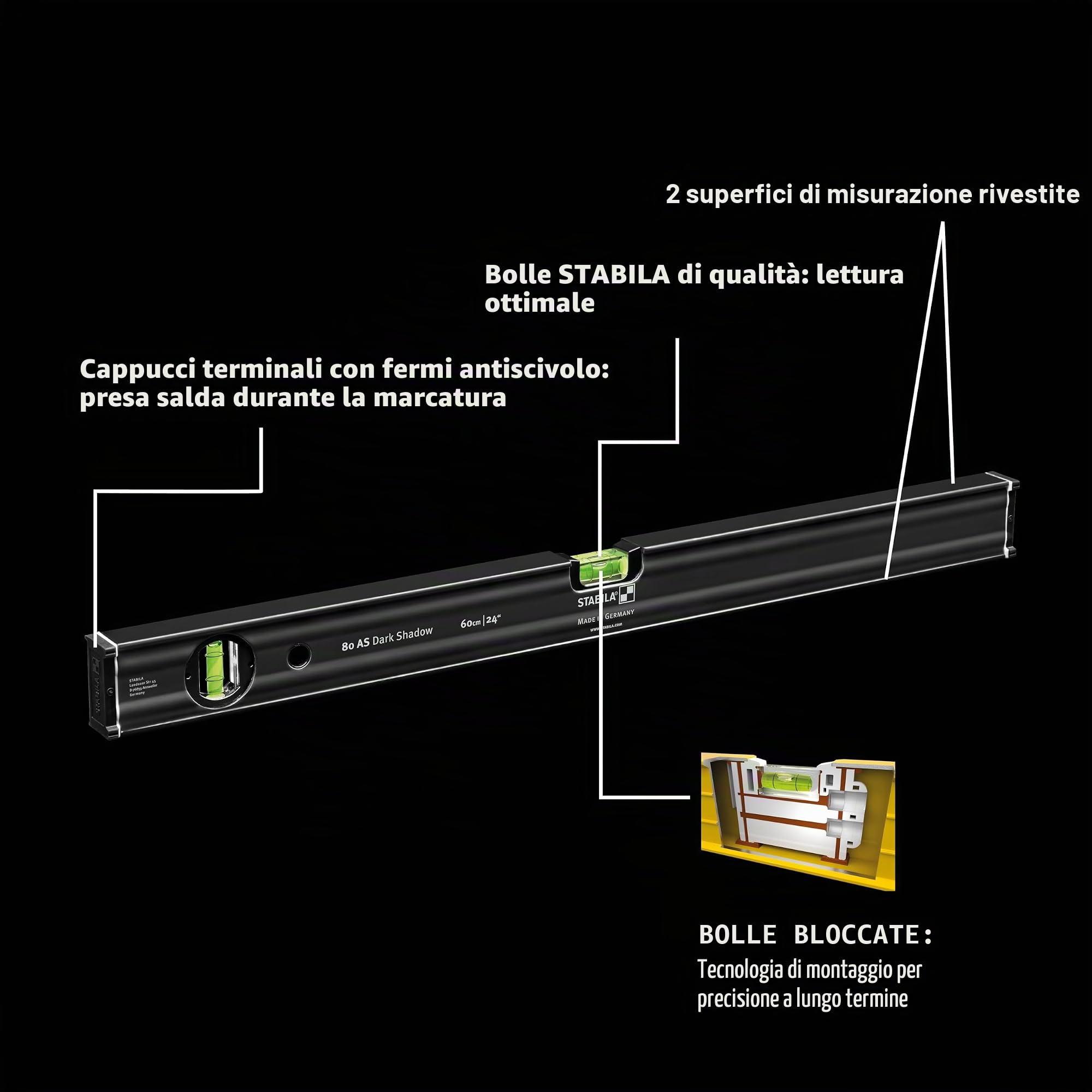 STABILA 80 AS Dark Shadow, set di 2 livelle a bolla 60 cm/100 cm, elegante rivestimento antracite opaco, profilo in alluminio rinforzato, tappo antiscivolo integrato, made in Germany