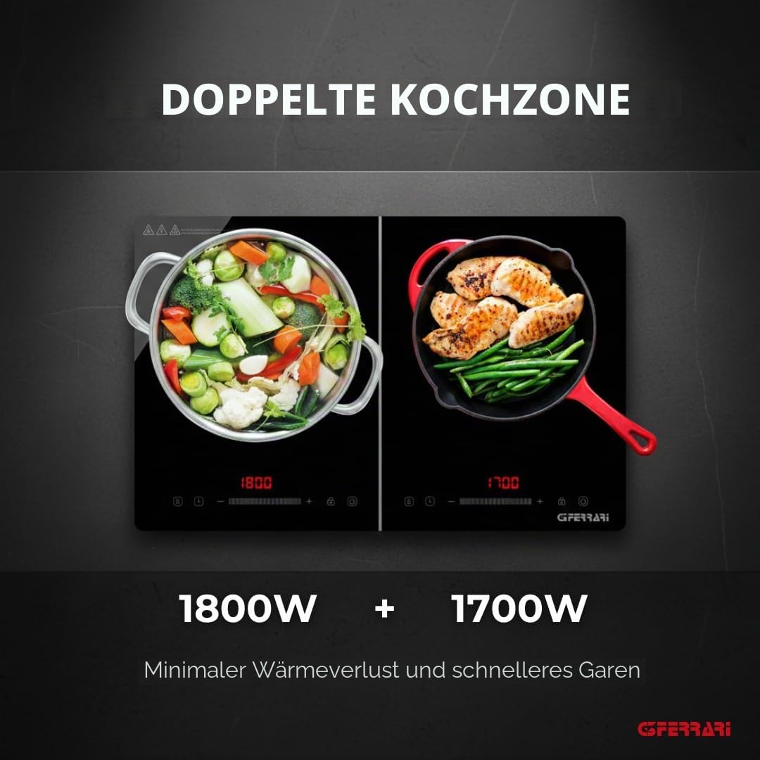 G3 Ferrari G10209 Energiko Duo Doppel-Induktionskochplatte 3500W, 2 Kochzonen, Ultraschlank 50 mm, Slider, Timer, Booster, Kindersicherung