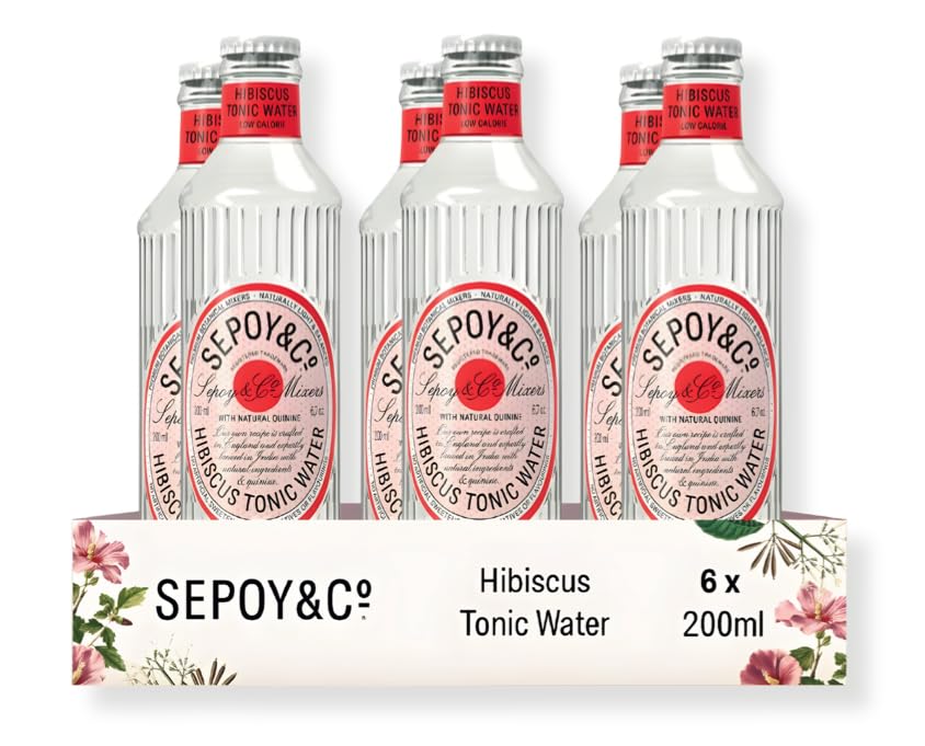 Hibiscus Tonic Water, Premium G&T Cocktail Mixer, Low Calorie, Less Sugar, Sparkling, 100% Natural Ingredients, Pack of 6 x 200ml